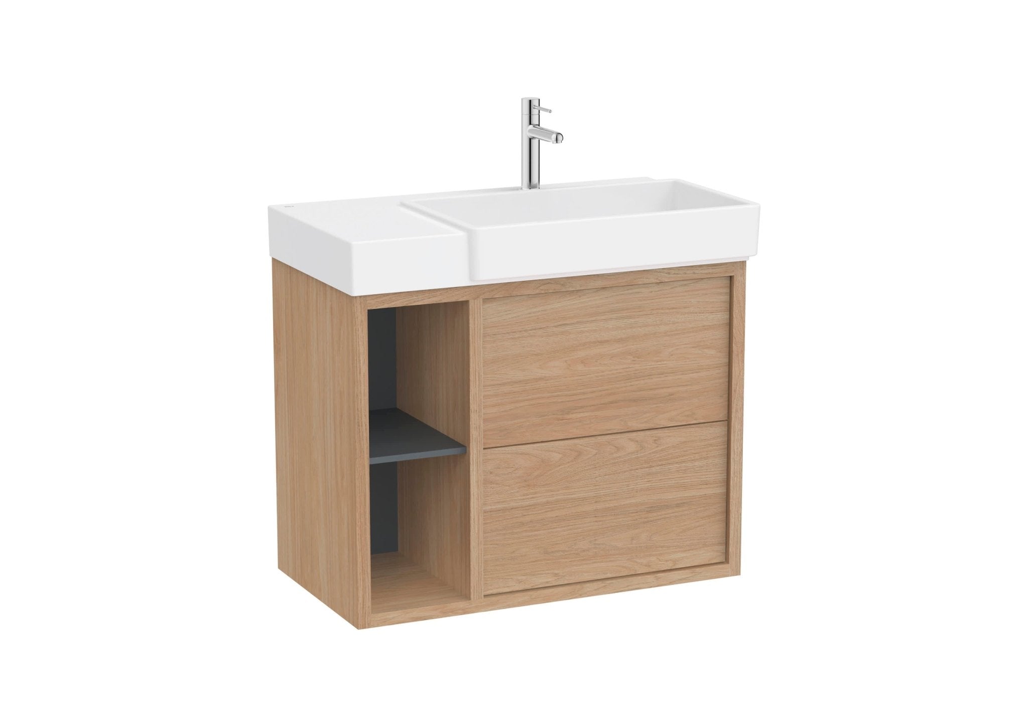 Roca - Mueble base Tura Unik asimétrico de dos cajones, estante lateral abierto y lavabo - BricoandPool