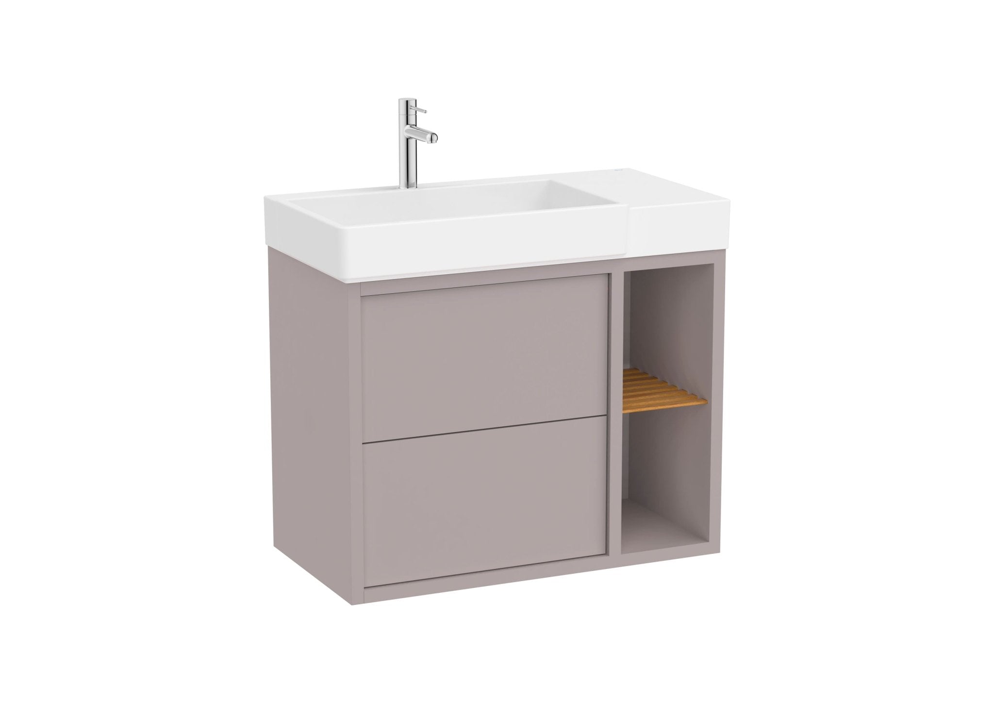 Roca - Mueble base Tura Unik asimétrico de dos cajones, estante lateral abierto y lavabo - BricoandPool