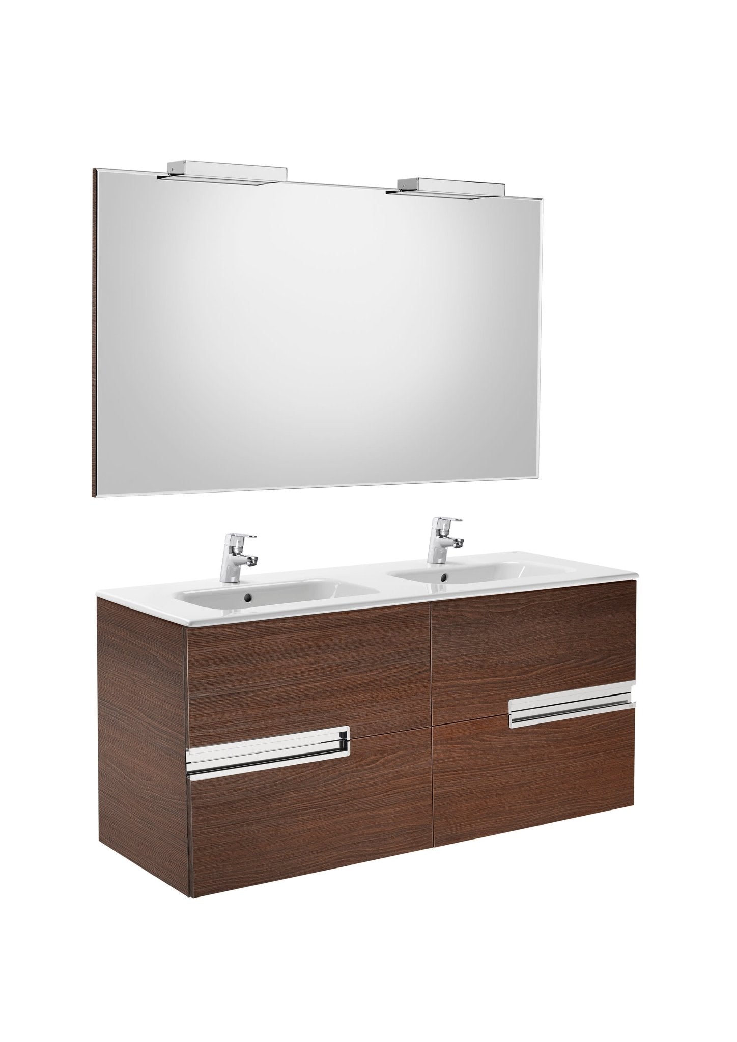 Roca - Mueble base Victoria - N Pack de cuatro cajones, lavabo doble, espejo y dos apliques LED Starlight - BricoandPool
