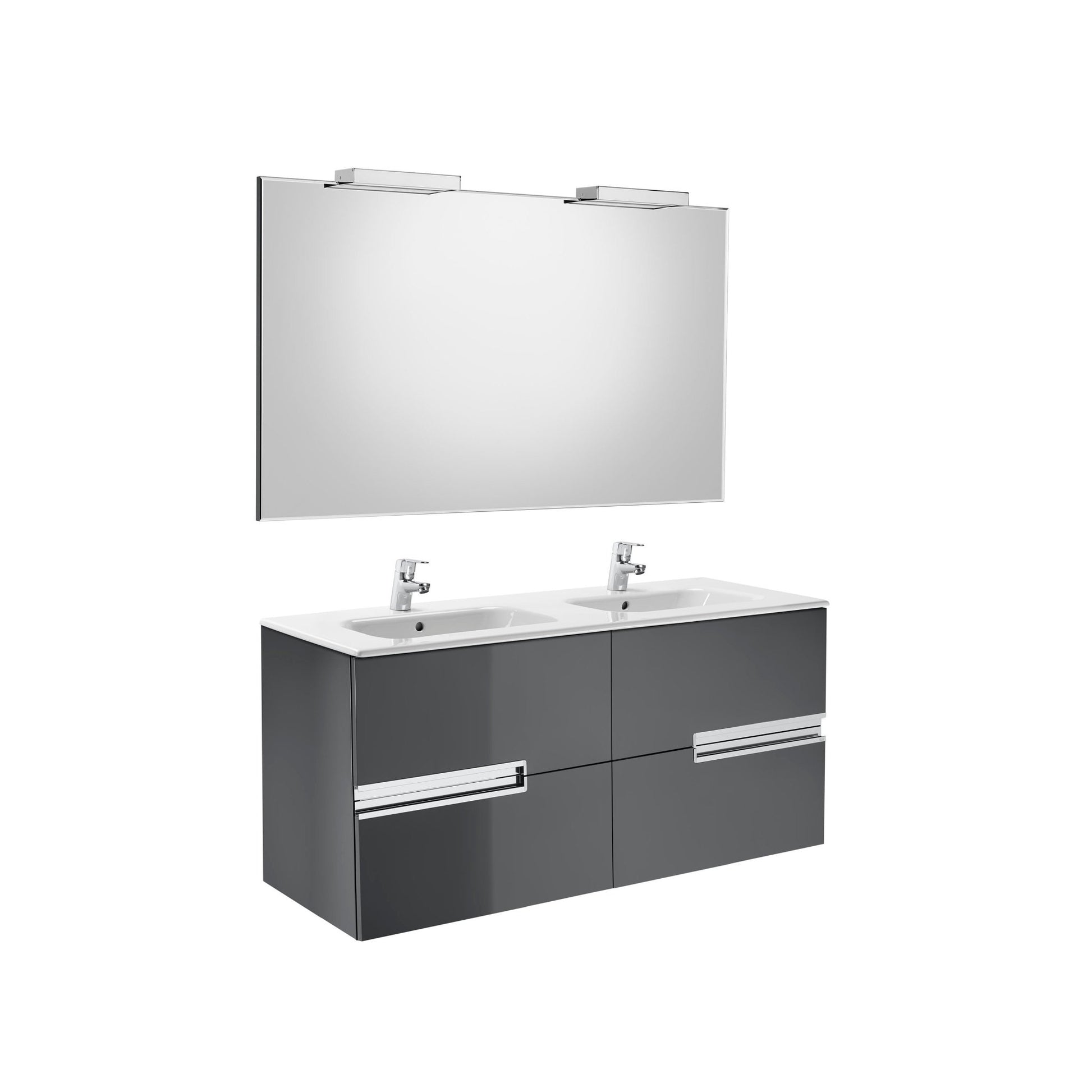 Roca - Mueble base Victoria - N Pack de cuatro cajones, lavabo doble, espejo y dos apliques LED Starlight - BricoandPool
