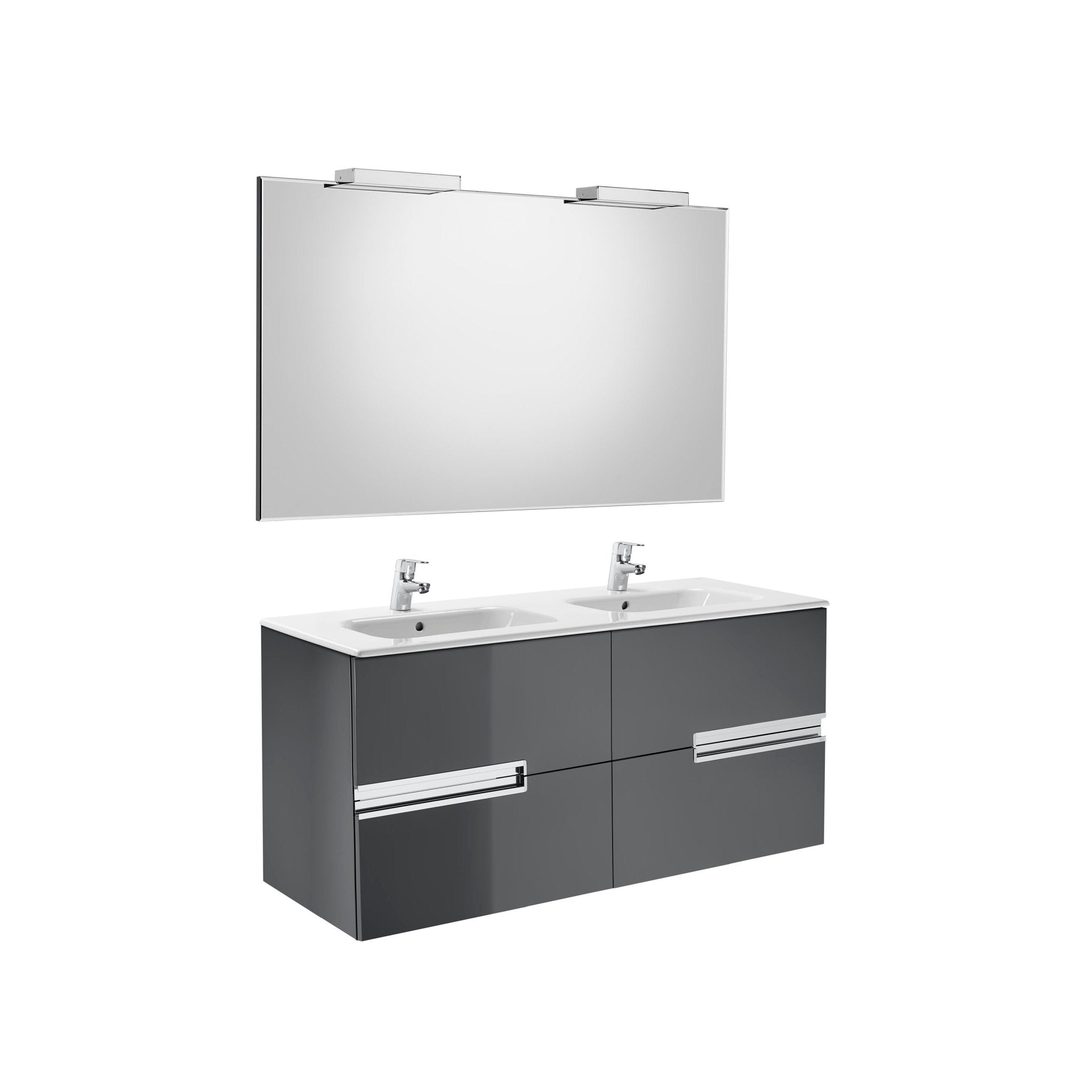 Roca - Mueble base Victoria - N Pack de cuatro cajones, lavabo doble, espejo y dos apliques LED Starlight - BricoandPool