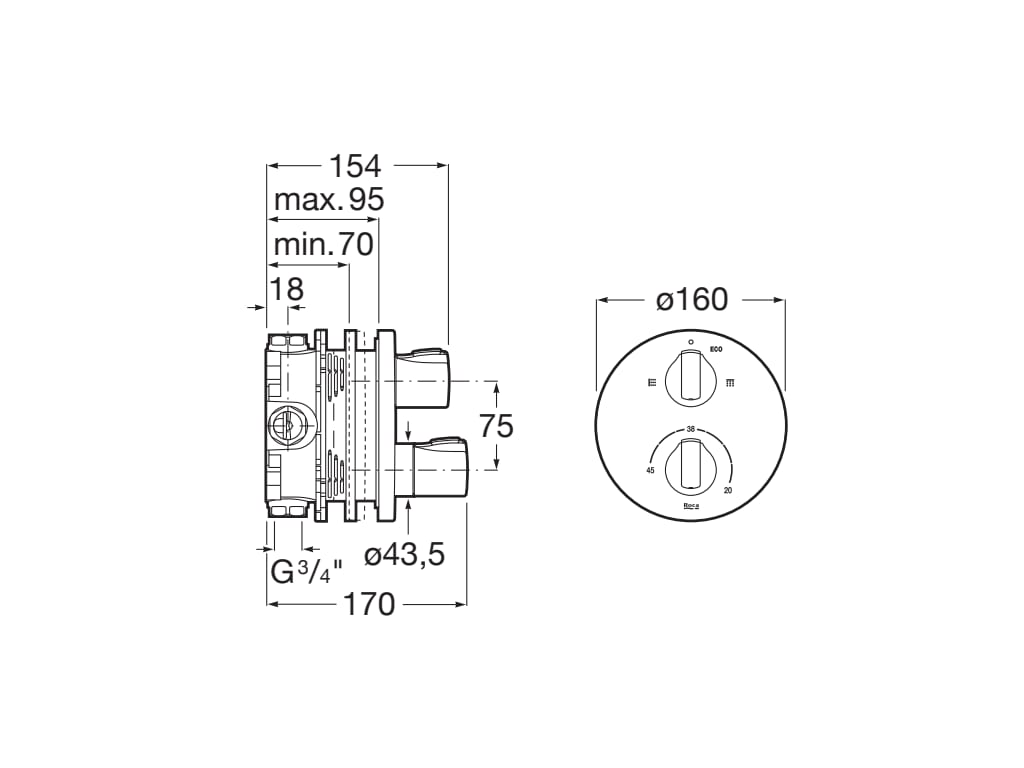 Roca - ROUND - Mezclador termostático empotrable para baño - ducha T - 1000 Negro Titanio A5A0D09CN0. A completar con RocaBox A52586 - BricoandPool