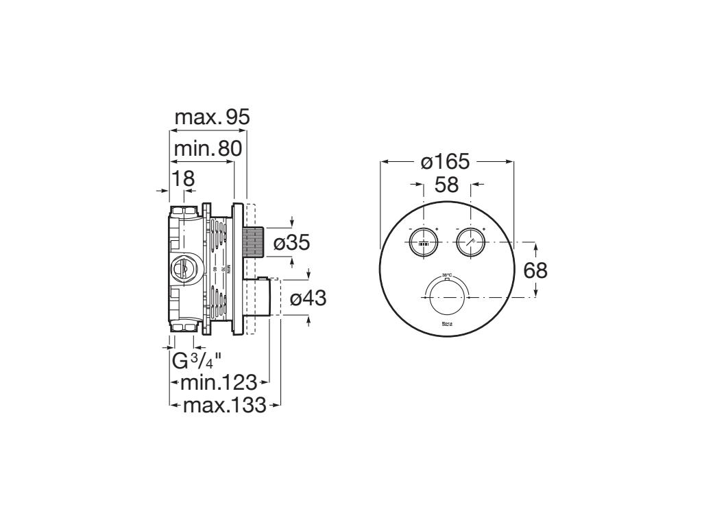 Roca - T - 3000 ROUND grifería termostática empotrable para baño - ducha con regulador de caudal, cromado A5A2K09C00. - BricoandPool