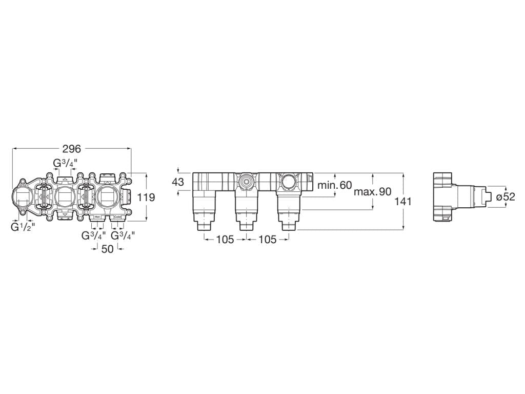 Roca - T - Multi cuerpo empotrable para grifería de baño - ducha de 2 vías, acabado cromado A5E214AC00. - BricoandPool