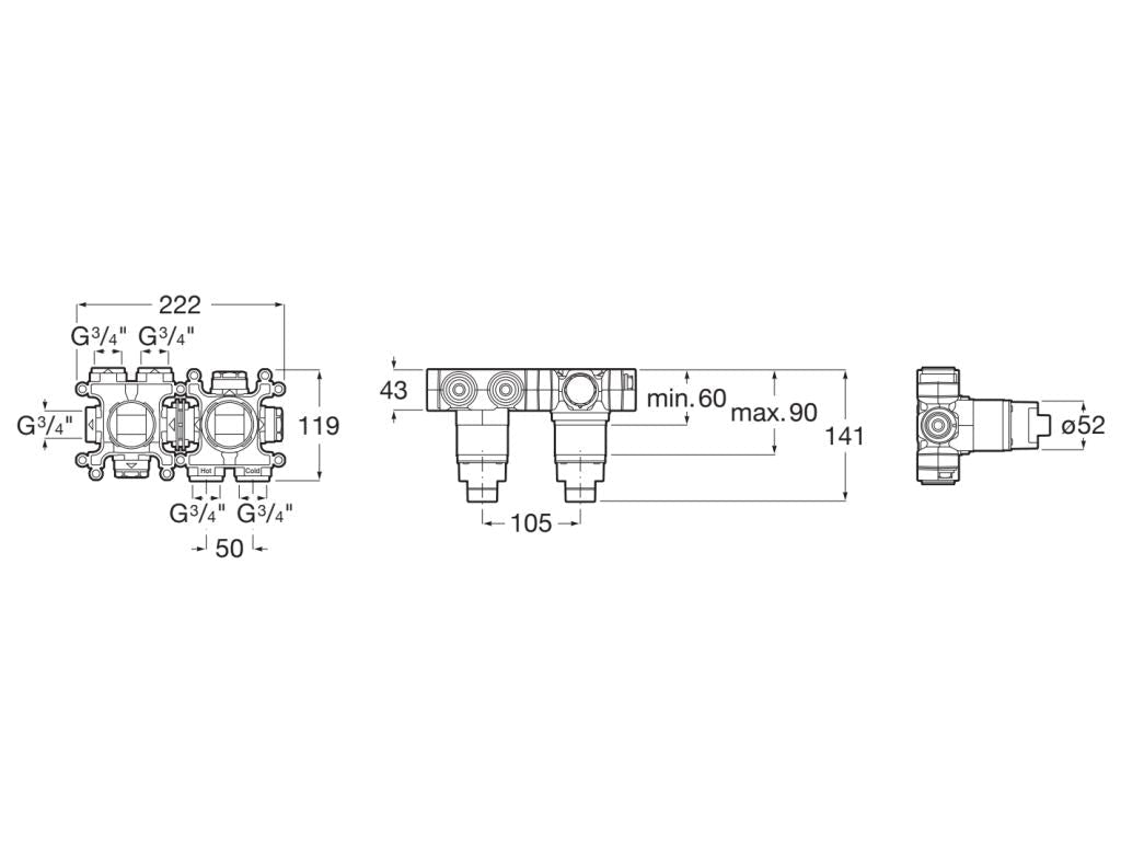 Roca - T - Multi cuerpo empotrable para grifería de baño - ducha de 3 vías, acabado cromado A5E224AC00. - BricoandPool