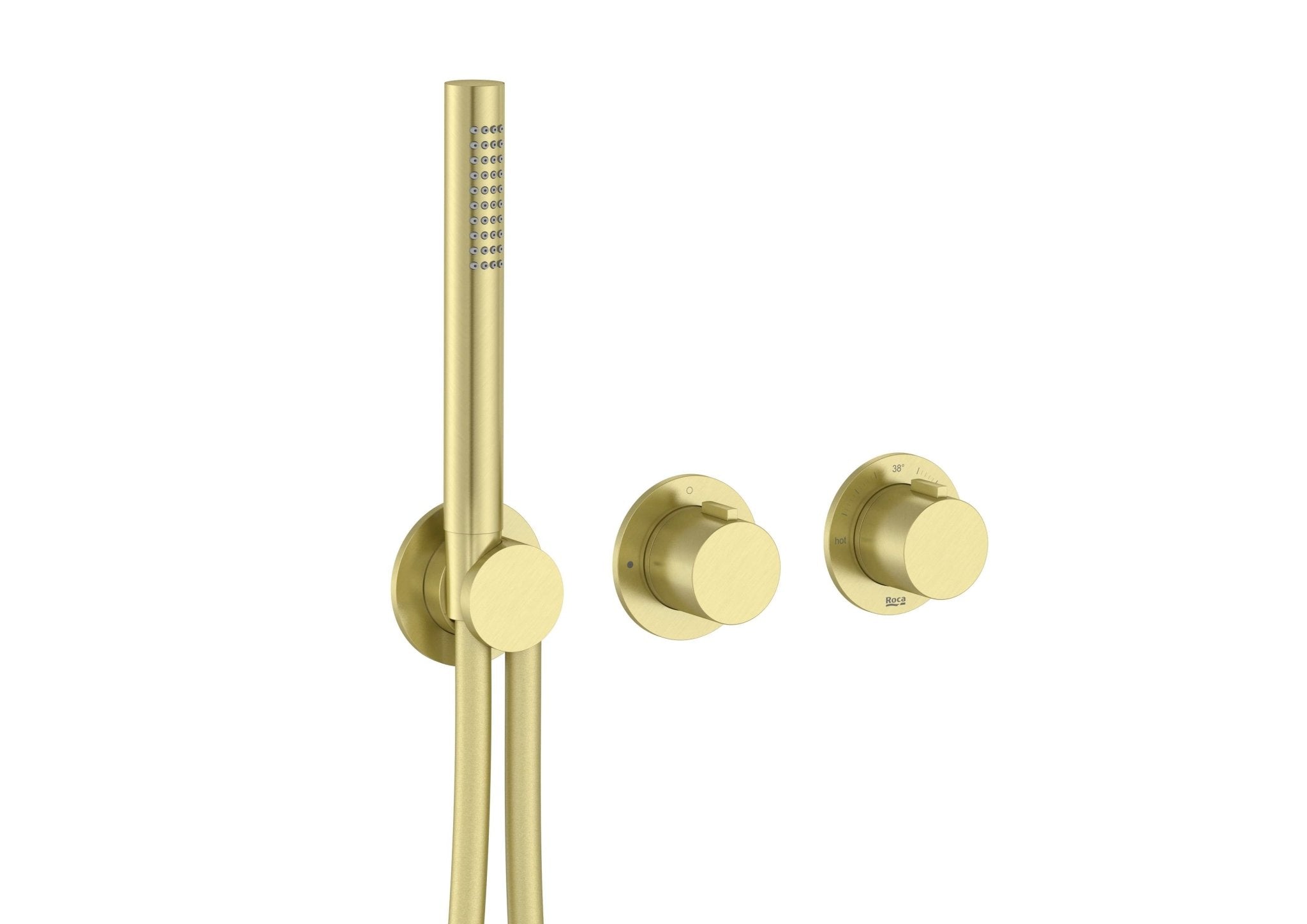 Roca - T - Multi grifería termostática empotrable para baño - ducha (2 vías) con ducha de mano y soporte con toma de agua, oro cepillado A5A214AVA0. - BricoandPool