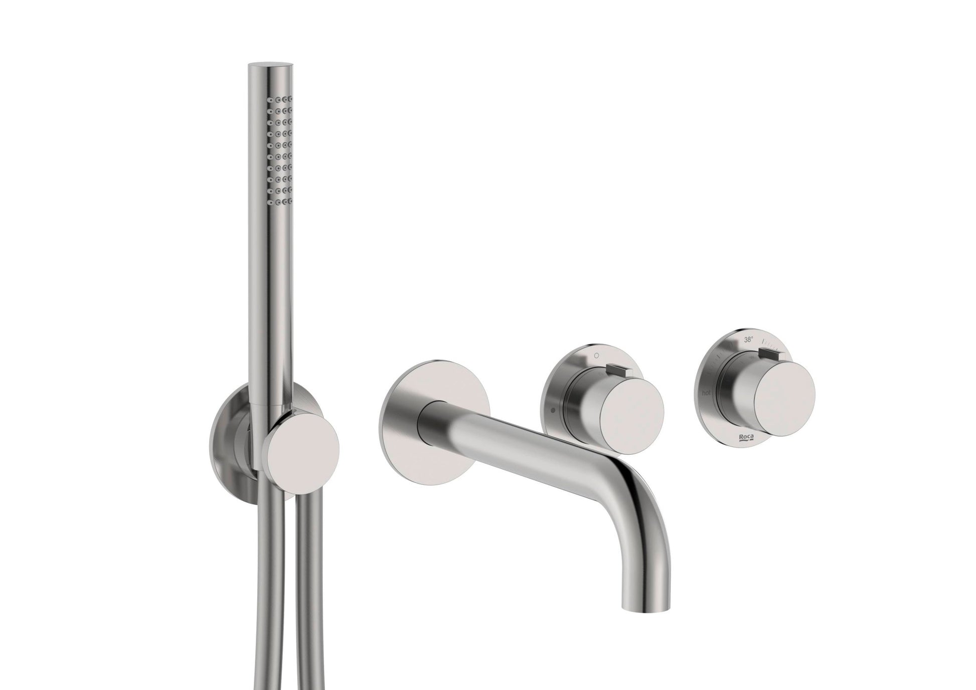 Roca - T - Multi grifería termostática empotrable para ducha (2 vías) con ducha de mano, soporte con toma de agua y caño de bañera, acabado acero inoxidable A5A244ASM0. - BricoandPool