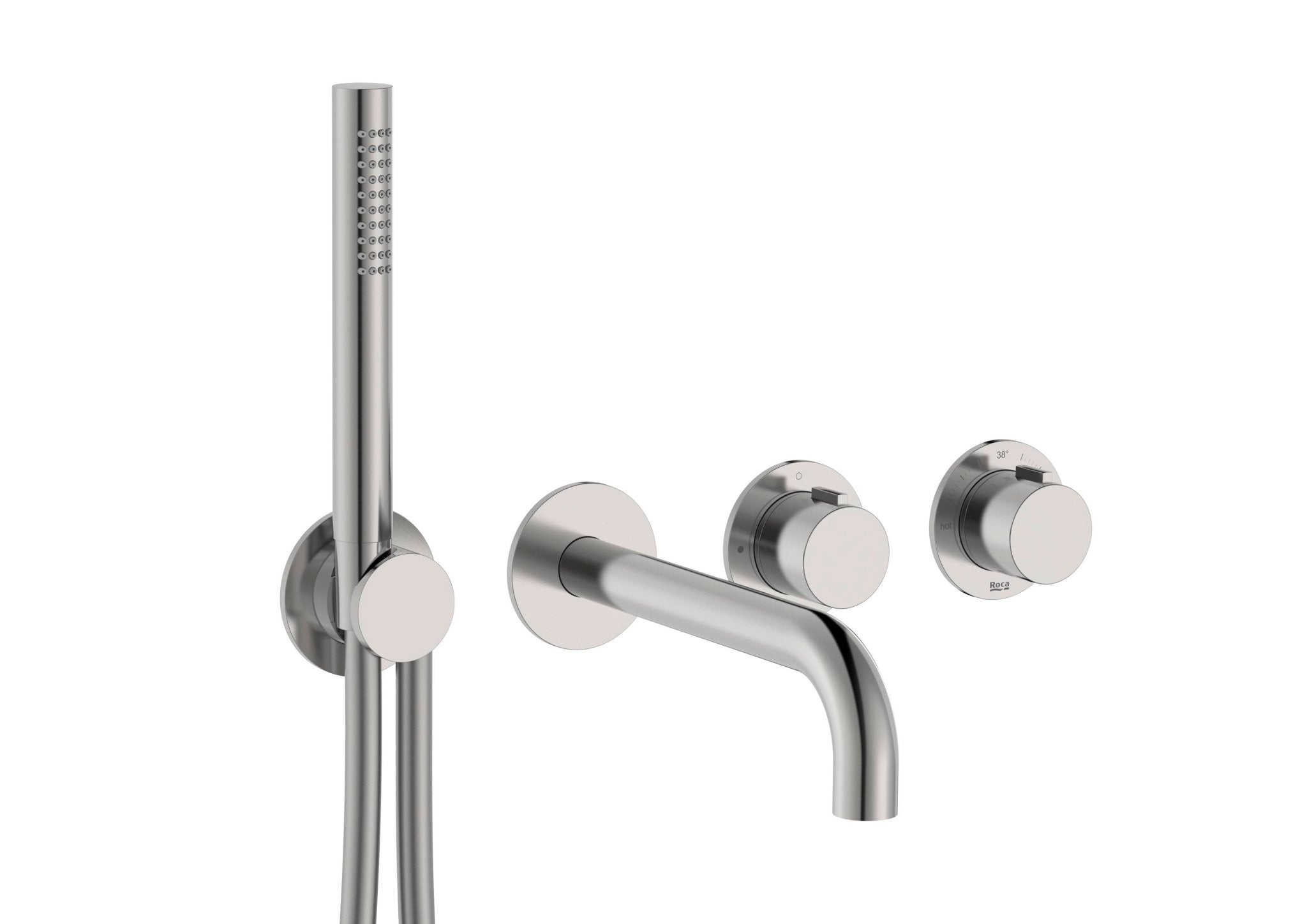 Roca - T - Multi grifería termostática empotrable para ducha (2 vías) con ducha de mano, soporte con toma de agua y caño de bañera, acabado acero inoxidable A5A244ASM0. - BricoandPool