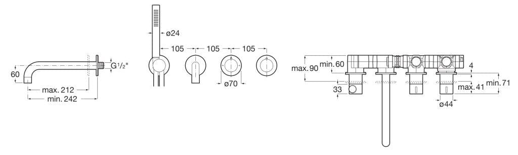 Roca - T - Multi grifería termostática empotrable para ducha (2 vías) con ducha de mano, soporte con toma de agua y caño de bañera, oro cepillado A5A244AVA0. - BricoandPool