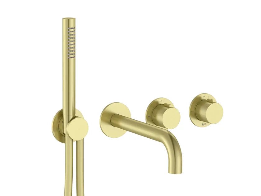 Roca - T - Multi grifería termostática empotrable para ducha (2 vías) con ducha de mano, soporte con toma de agua y caño de bañera, oro cepillado A5A244AVA0. - BricoandPool