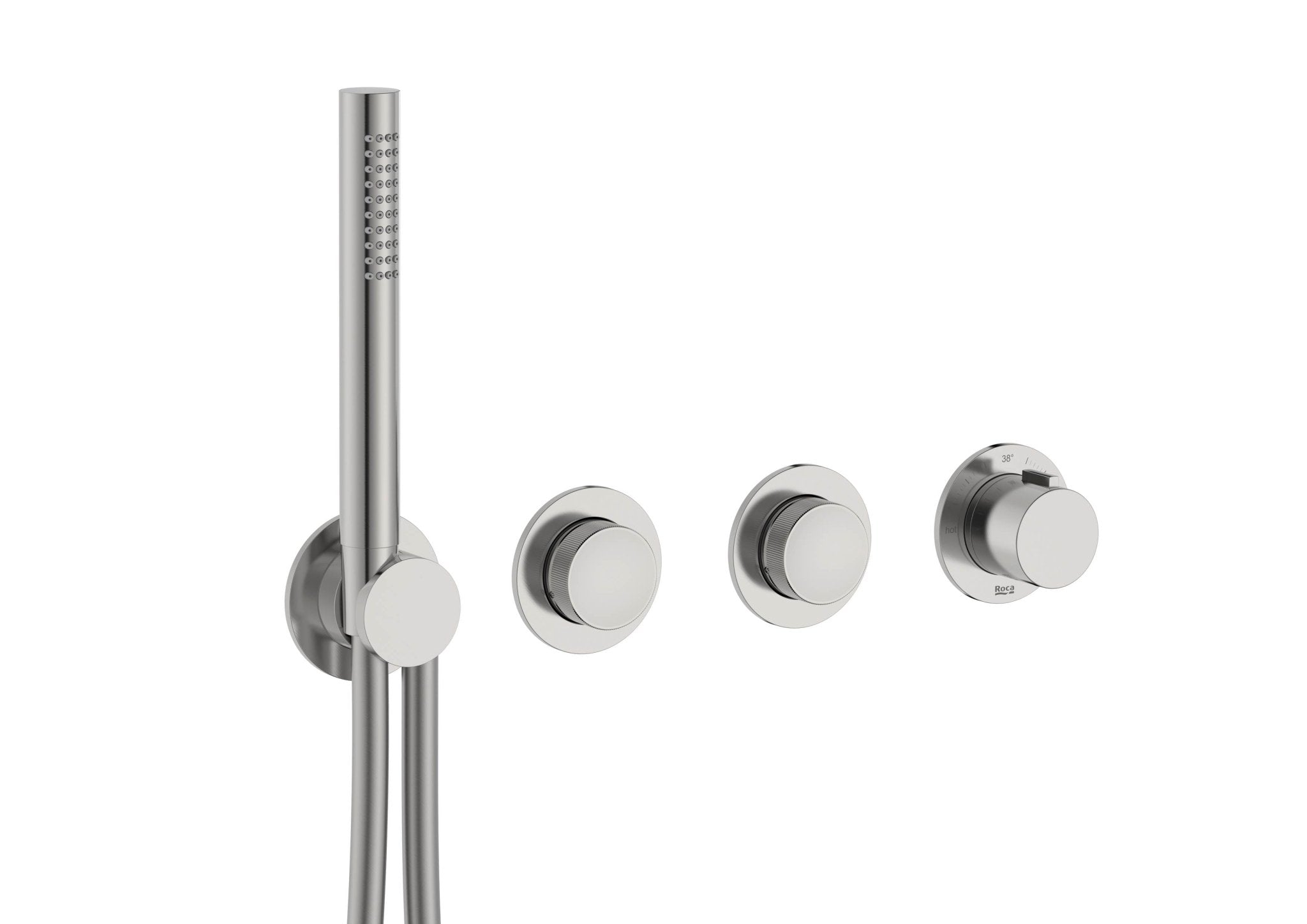 Roca - T - Multi Switch grifería termostática empotrable de 2 vías para baño - ducha con ducha de mano y soporte con toma de agua, acabado acero inoxidable A5A714ASM0. - BricoandPool