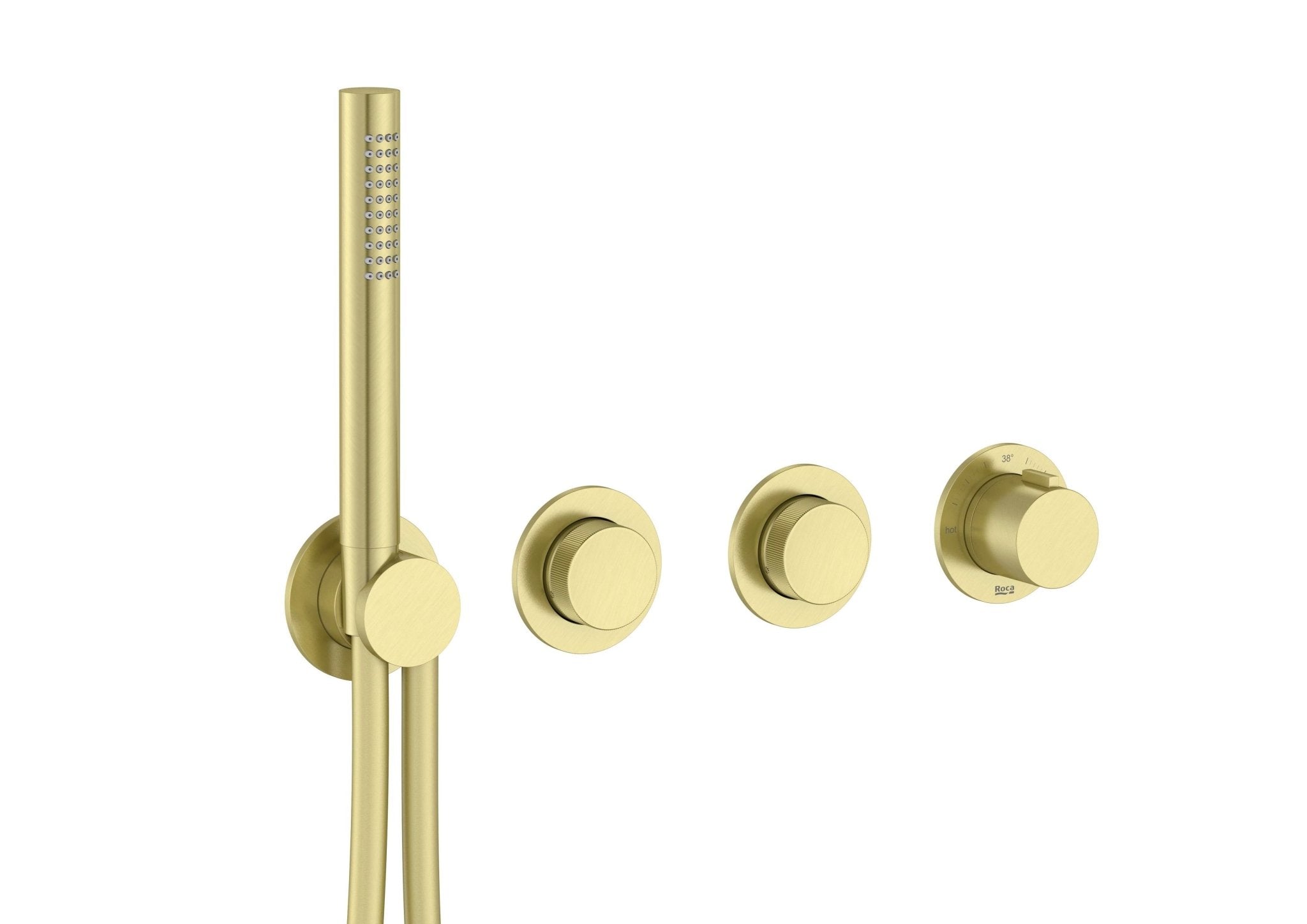 Roca - T - Multi Switch grifería termostática empotrable de 2 vías para baño - ducha con ducha de mano y soporte con toma de agua, oro cepillado A5A714AVA0. - BricoandPool