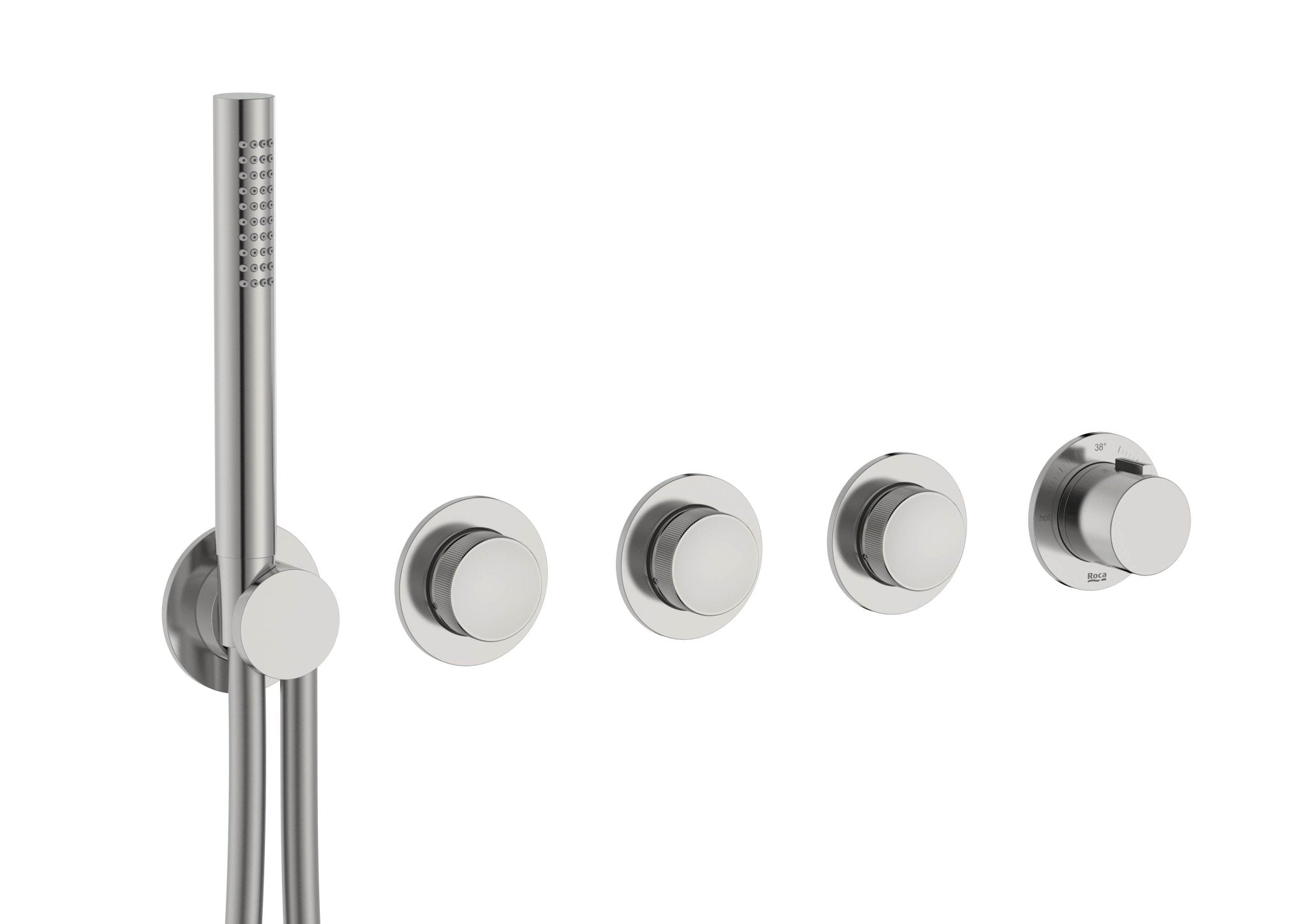 Roca - T - Multi Switch grifería termostática empotrable de 3 vías para baño - ducha con ducha de mano y soporte con toma de agua, acabado acero inoxidable A5A734ASM0. - BricoandPool