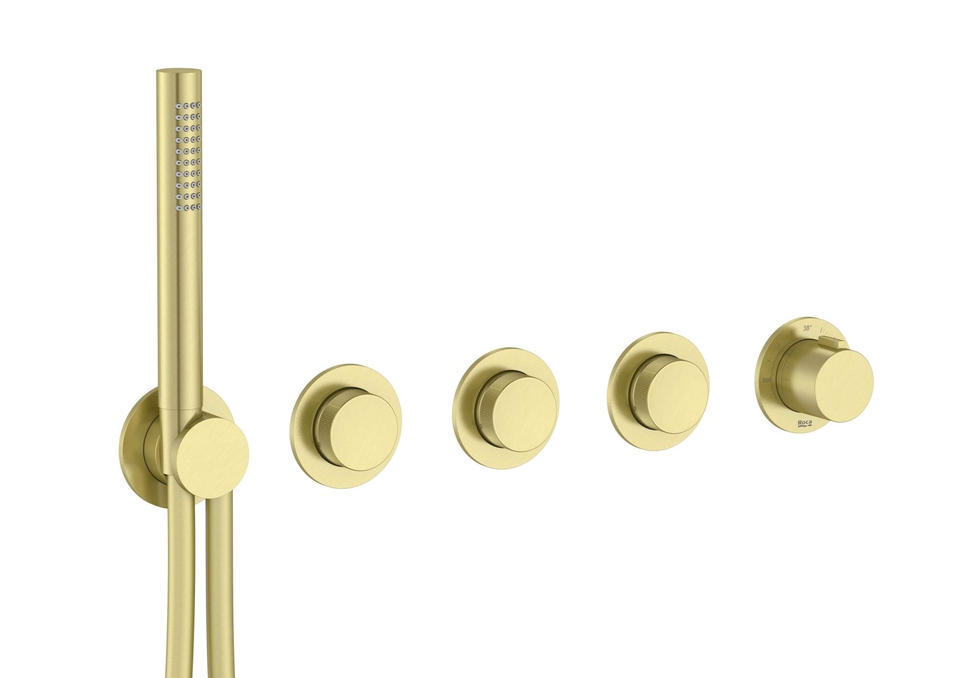 Roca - T - Multi Switch grifería termostática empotrable de 3 vías para baño - ducha con ducha de mano y soporte con toma de agua, acabado oro cepillado A5A734AVA0. - BricoandPool