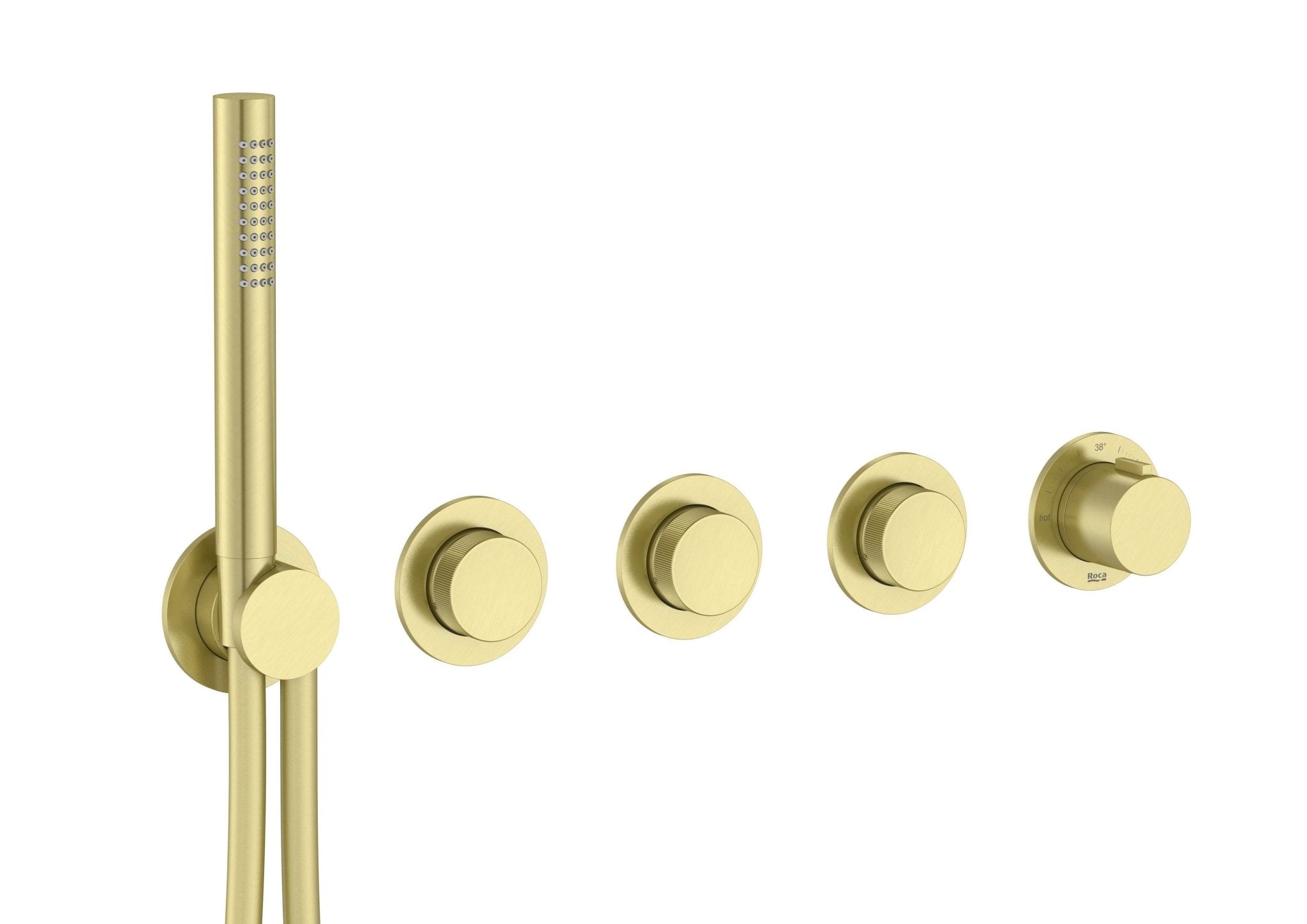 Roca - T - Multi Switch grifería termostática empotrable de 3 vías para baño - ducha con ducha de mano y soporte con toma de agua, acabado oro cepillado A5A734AVA0. - BricoandPool