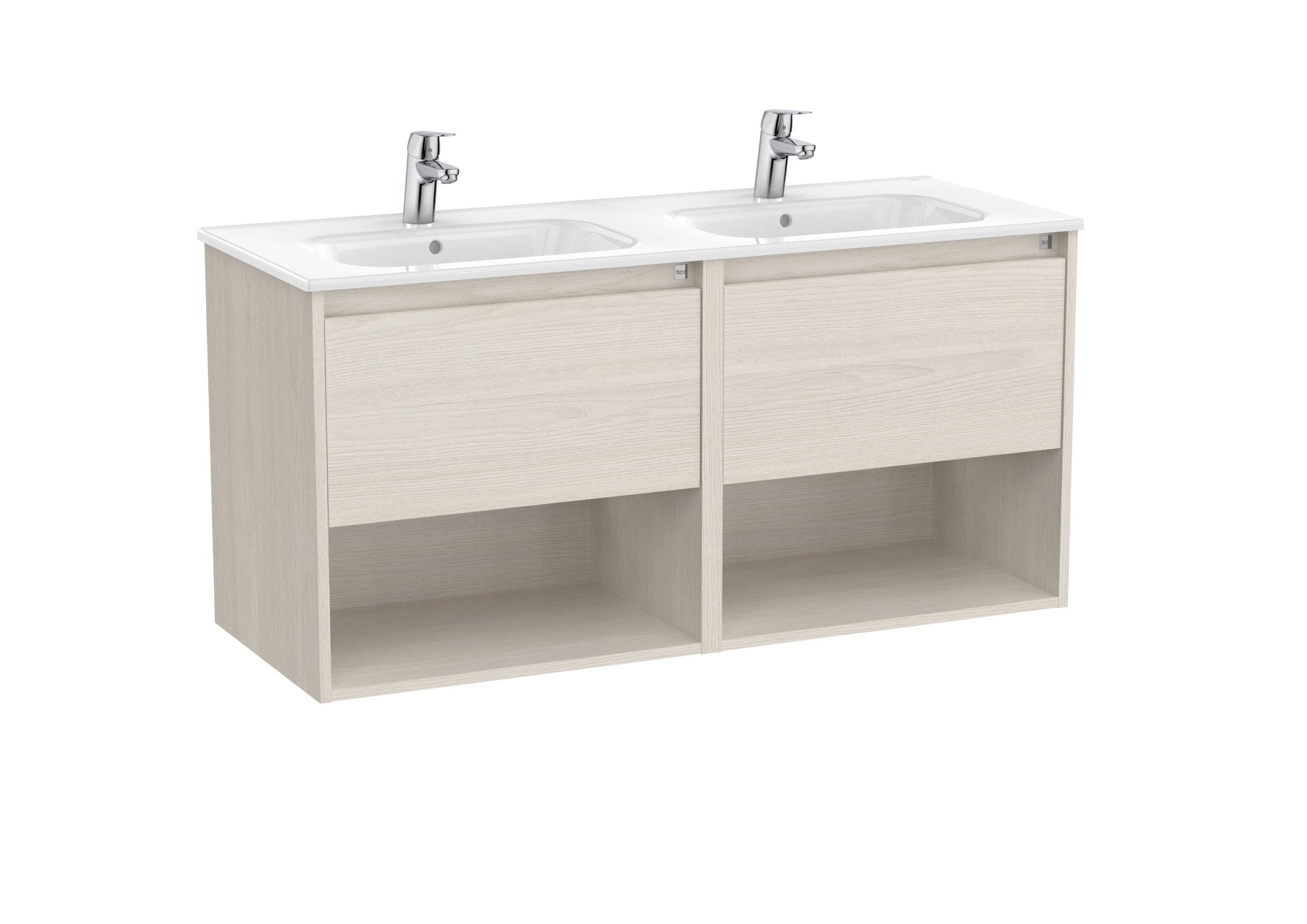Roca - Tenor Mueble Unik de dos cajones, dos estantes abiertos y lavabo doble - BricoandPool