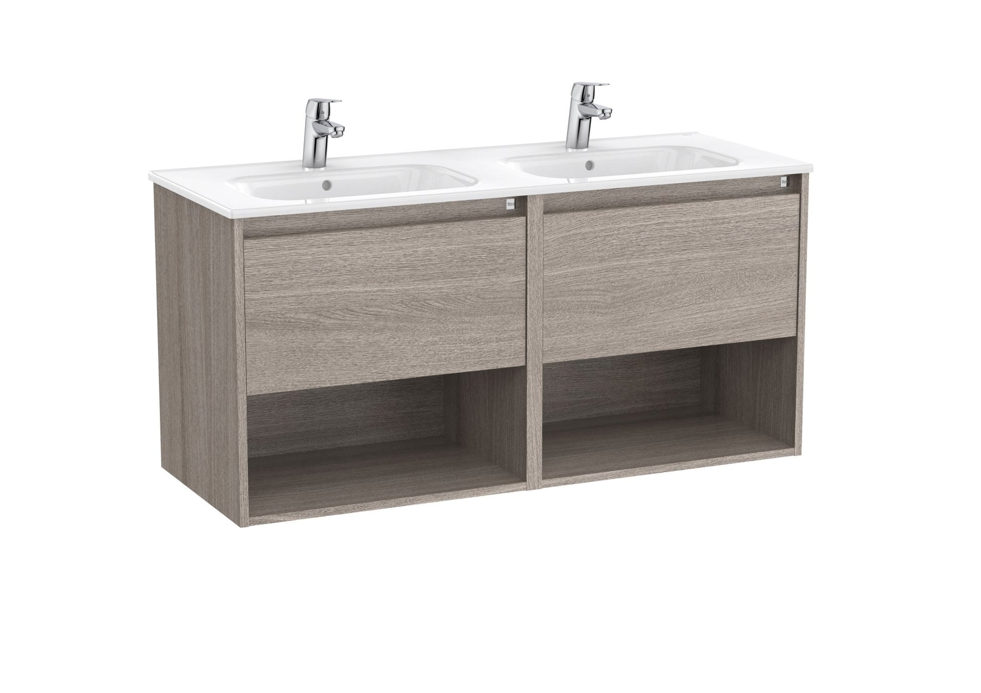 Roca - Tenor Mueble Unik de dos cajones, dos estantes abiertos y lavabo doble - BricoandPool
