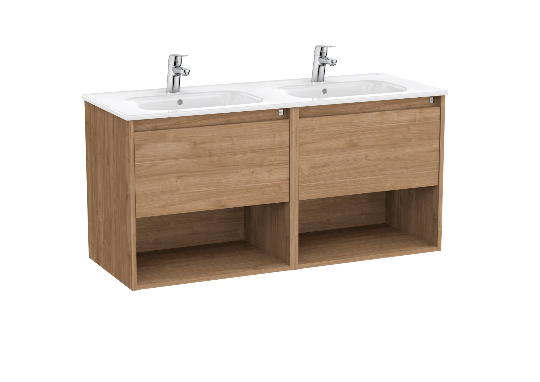 Roca - Tenor Mueble Unik de dos cajones, dos estantes abiertos y lavabo doble - BricoandPool