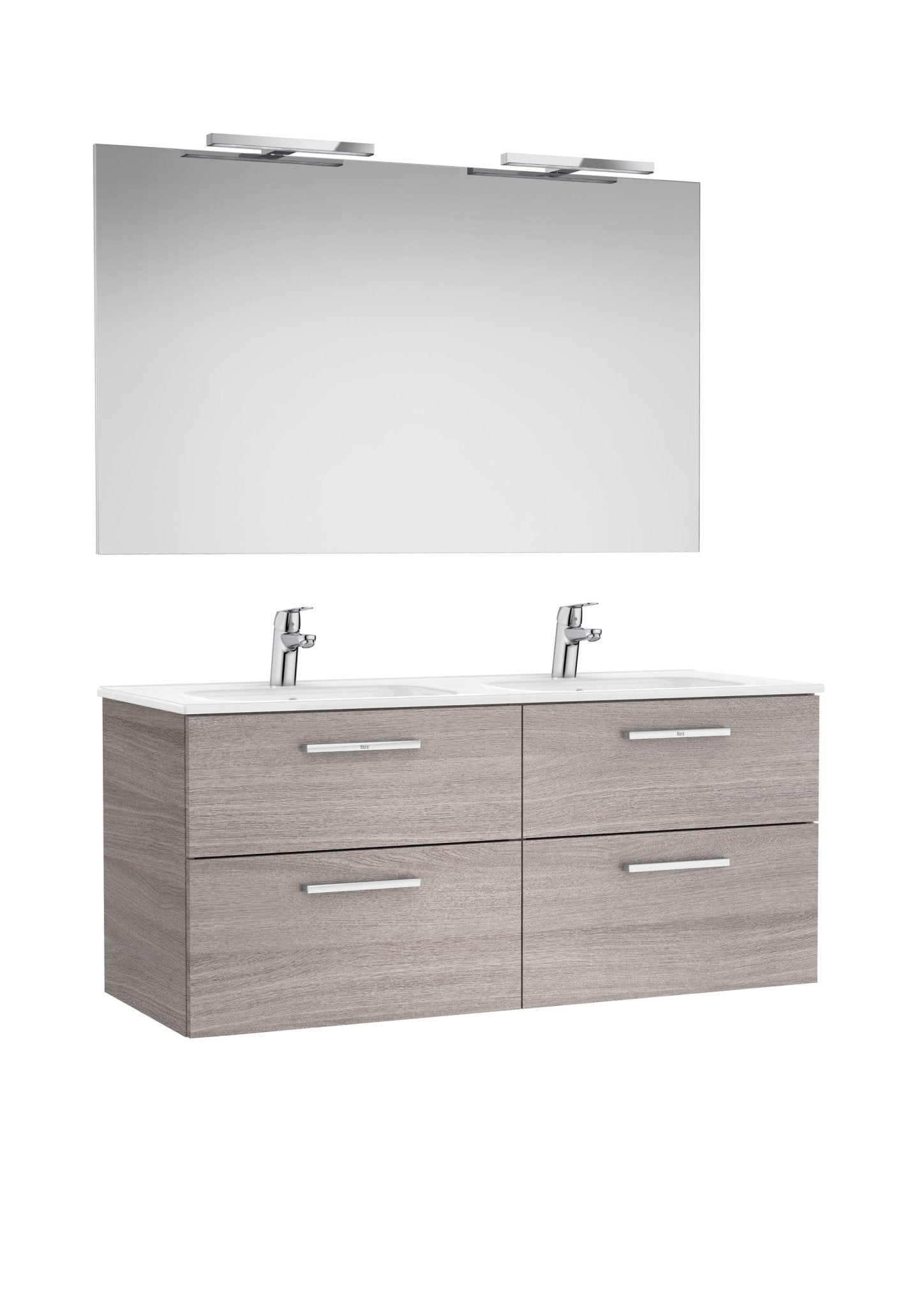 Roca - Victoria Mueble base Pack de cuatro cajones, lavabo doble, espejo y dos apliques LED Starlight - BricoandPool