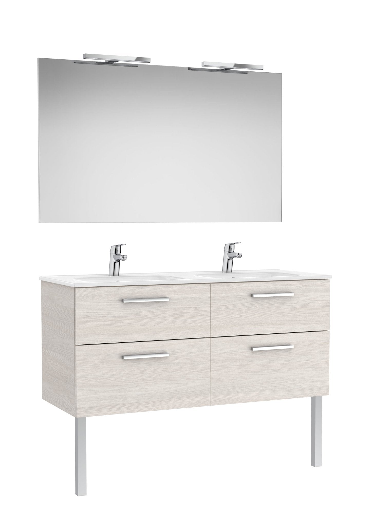 Roca - Victoria Mueble base Pack de cuatro cajones, lavabo doble, espejo y dos apliques LED Starlight - BricoandPool