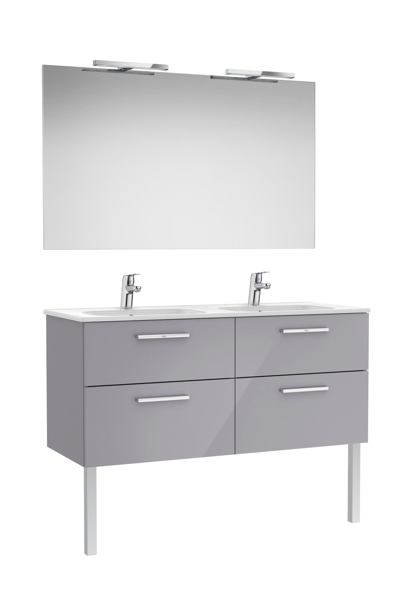 Roca - Victoria Mueble base Pack de cuatro cajones, lavabo doble, espejo y dos apliques LED Starlight - BricoandPool