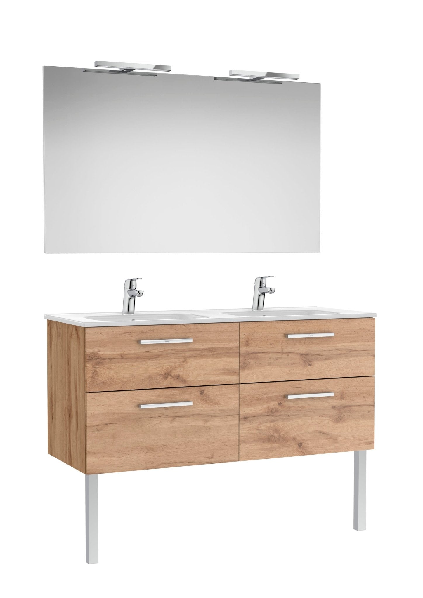 Roca - Victoria Mueble base Pack de cuatro cajones, lavabo doble, espejo y dos apliques LED Starlight - BricoandPool