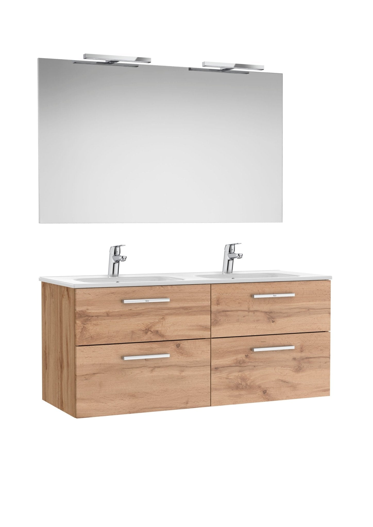 Roca - Victoria Mueble base Pack de cuatro cajones, lavabo doble, espejo y dos apliques LED Starlight - BricoandPool