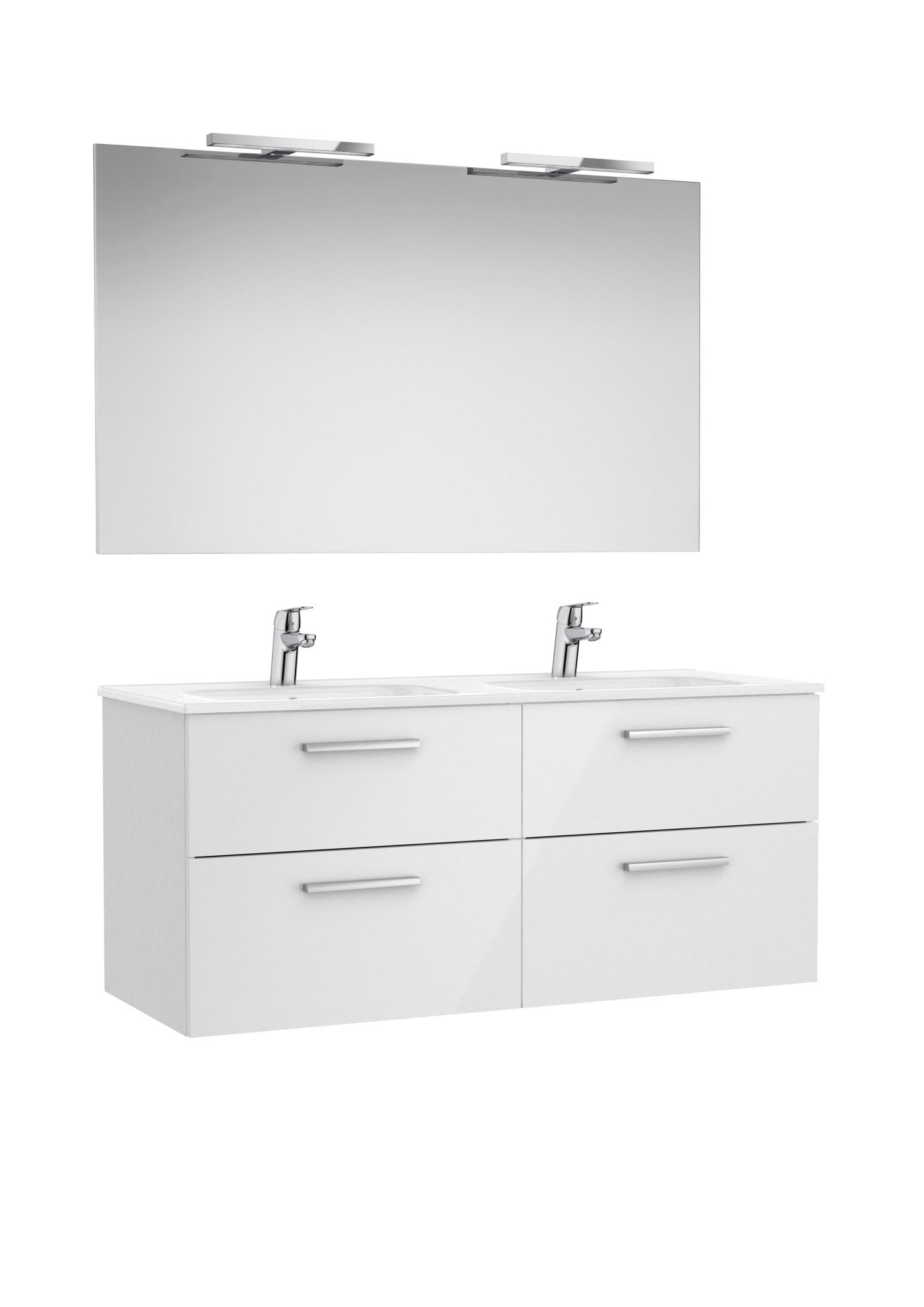 Roca - Victoria Mueble base Pack de cuatro cajones, lavabo doble, espejo y dos apliques LED Starlight - BricoandPool