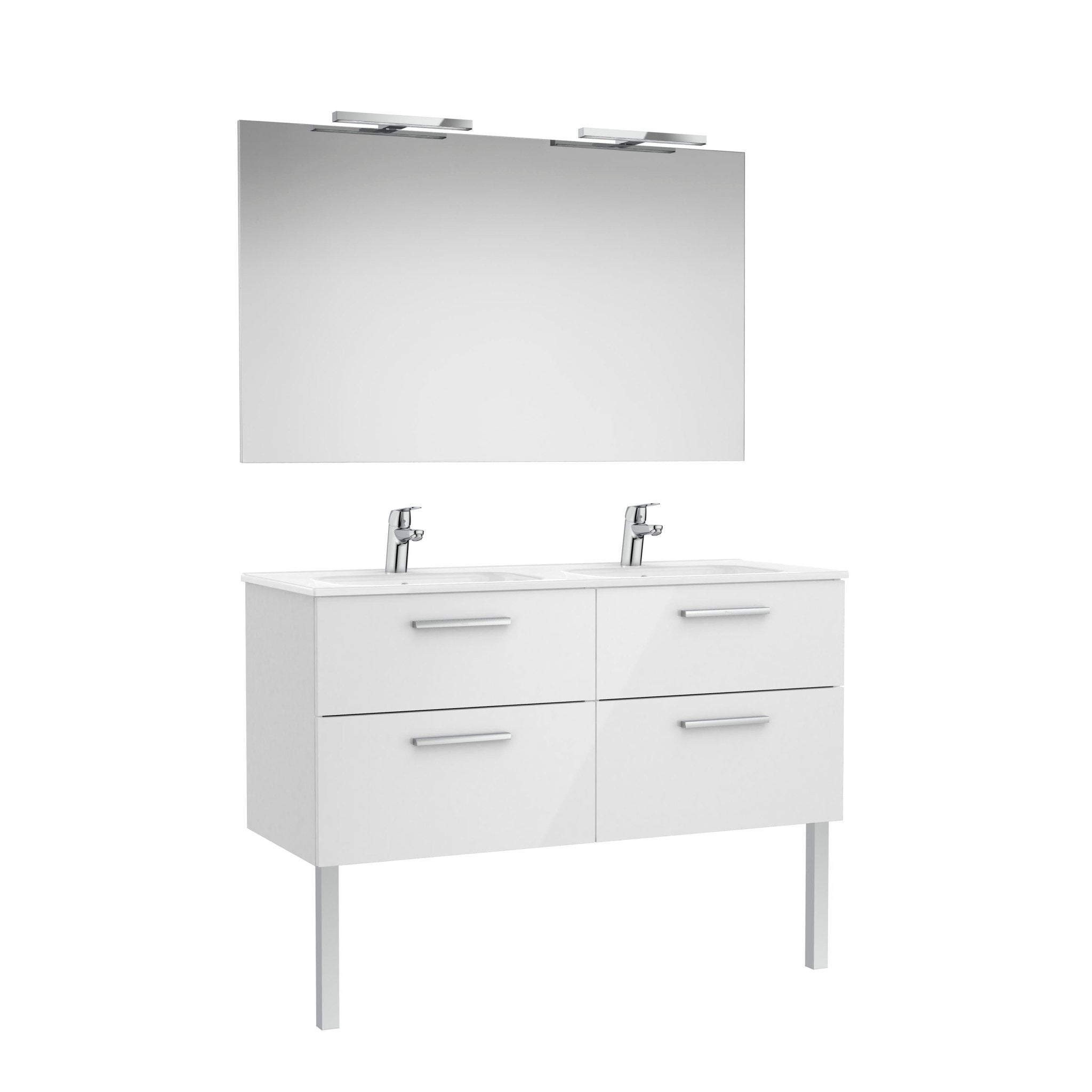 Roca - Victoria Mueble base Pack de cuatro cajones, lavabo doble, espejo y dos apliques LED Starlight - BricoandPool