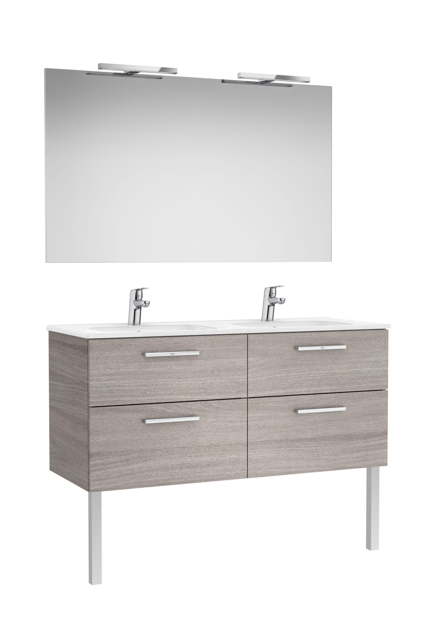 Roca - Victoria Mueble base Pack de cuatro cajones, lavabo doble, espejo y dos apliques LED Starlight - BricoandPool