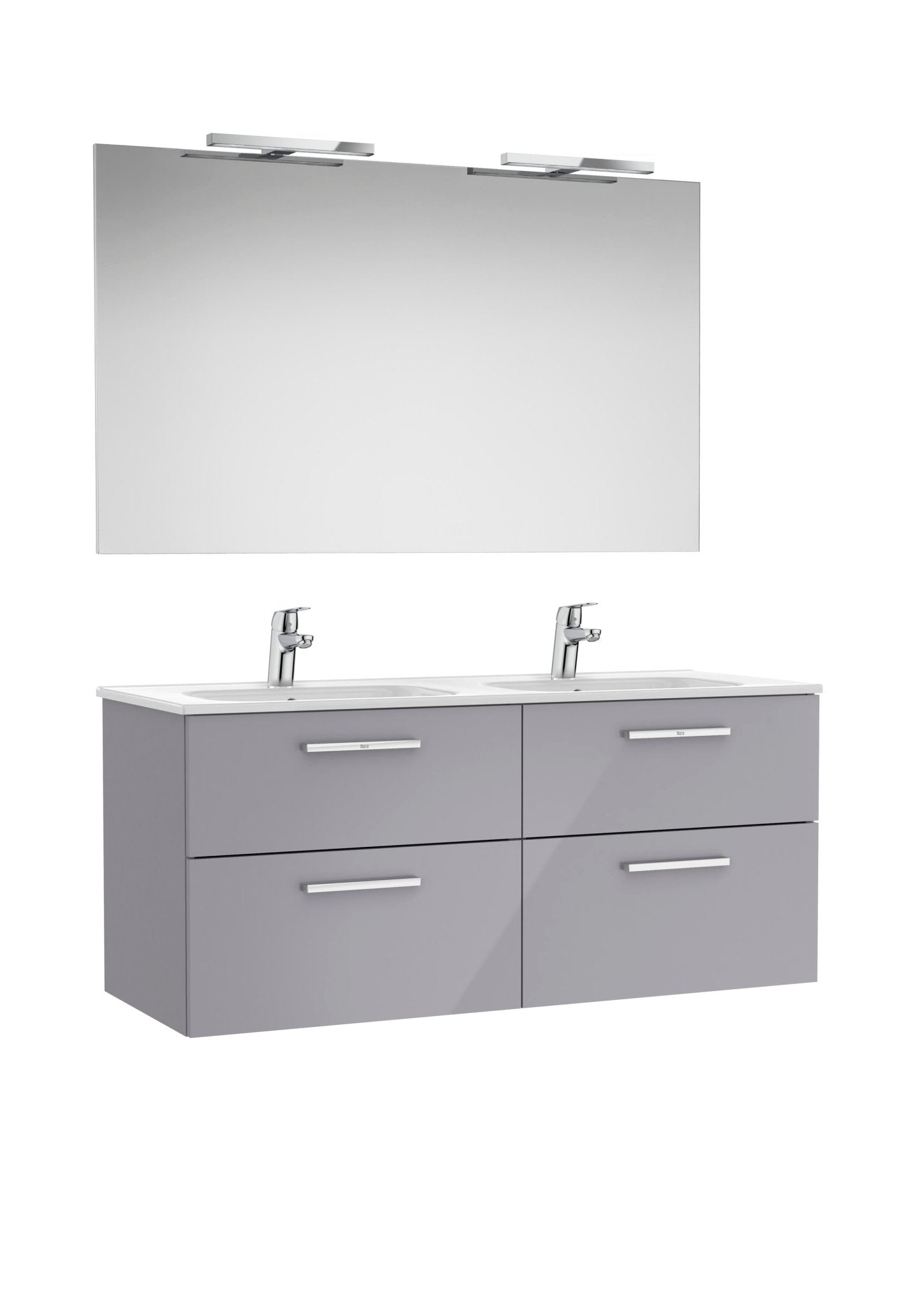 Roca - Victoria Mueble base Pack de cuatro cajones, lavabo doble, espejo y dos apliques LED Starlight - BricoandPool