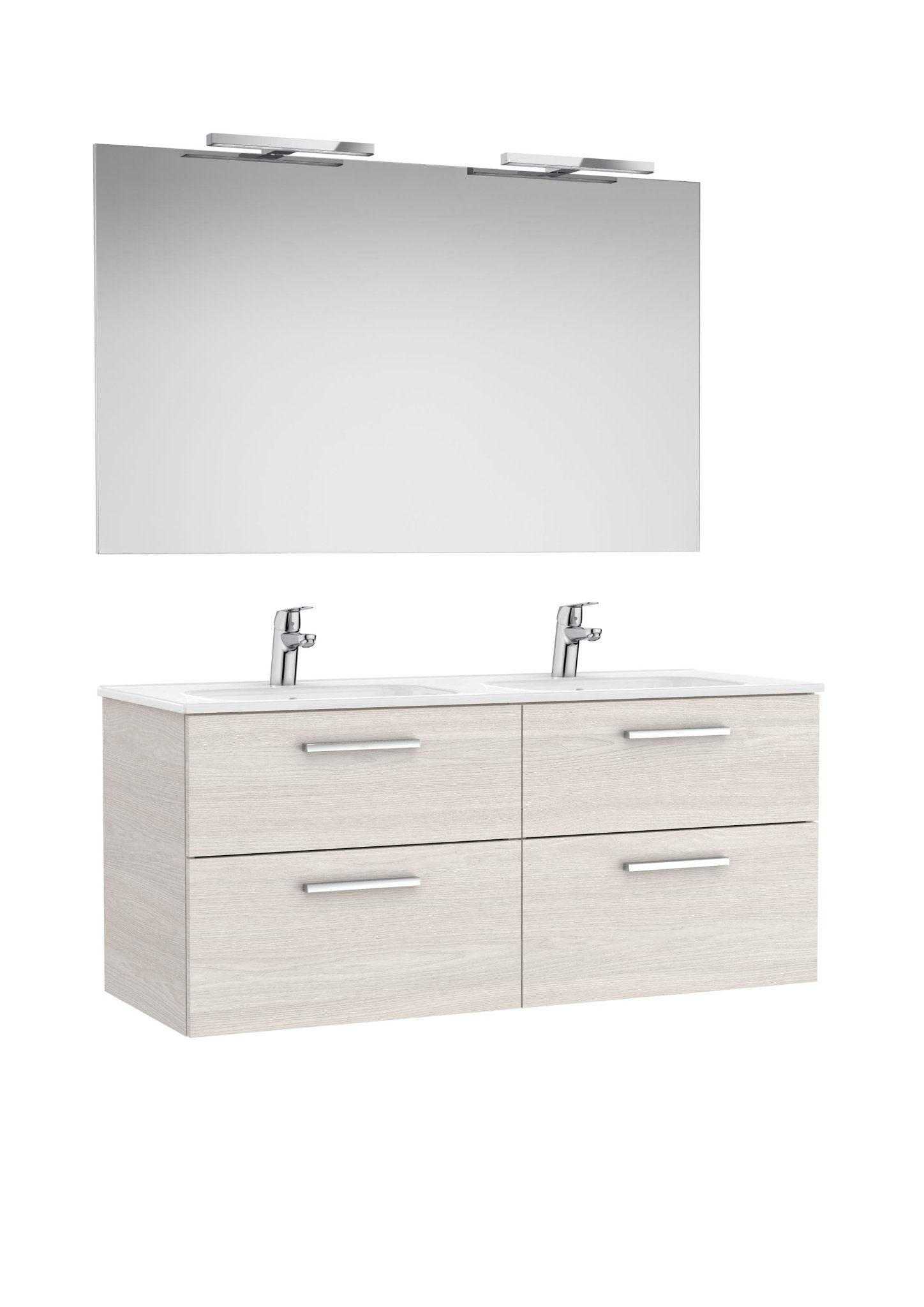 Roca - Victoria Mueble base Pack de cuatro cajones, lavabo doble, espejo y dos apliques LED Starlight - BricoandPool