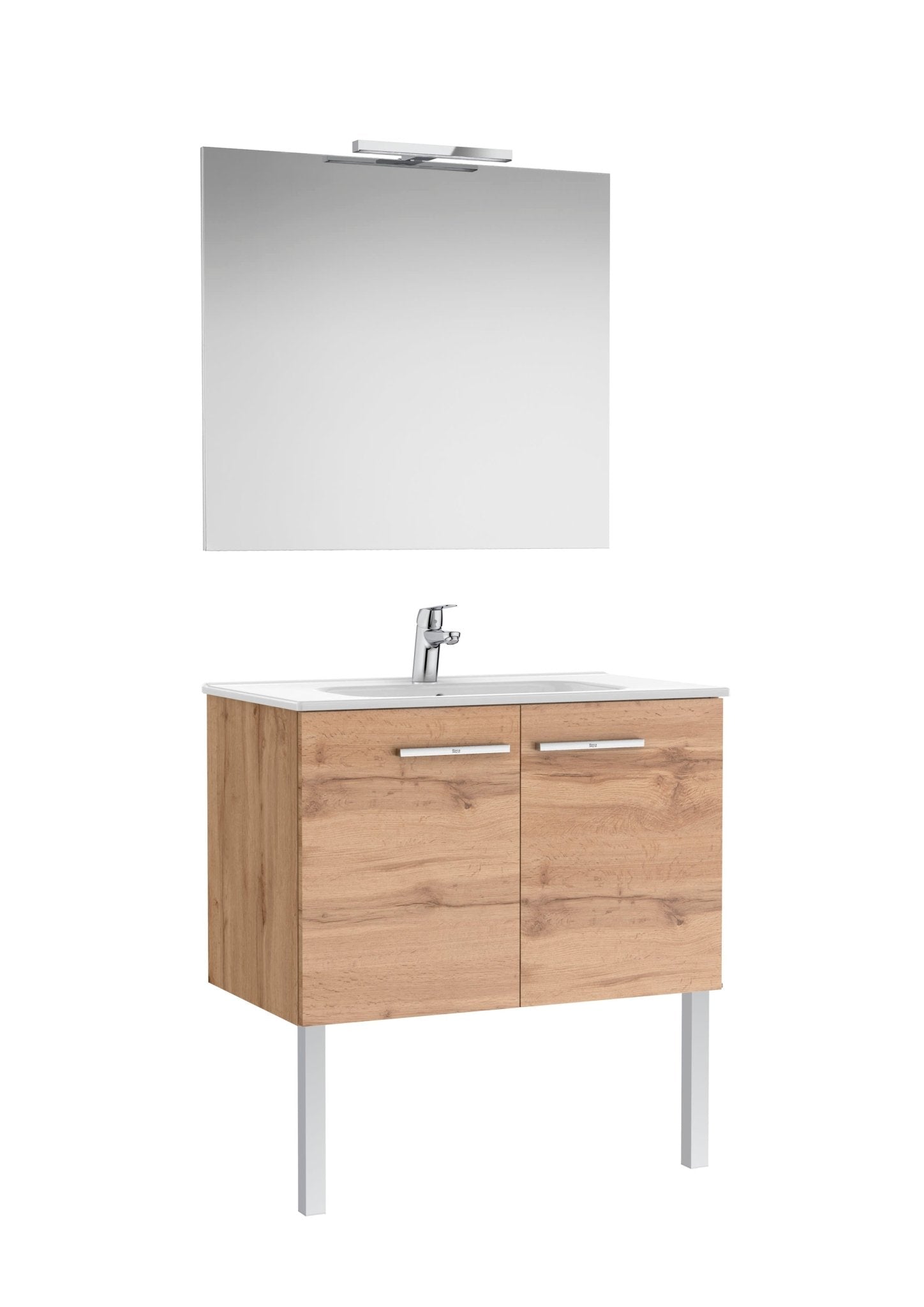 Roca - Victoria Mueble base Pack de dos puertas, lavabo, espejo y aplique LED Starlight - BricoandPool