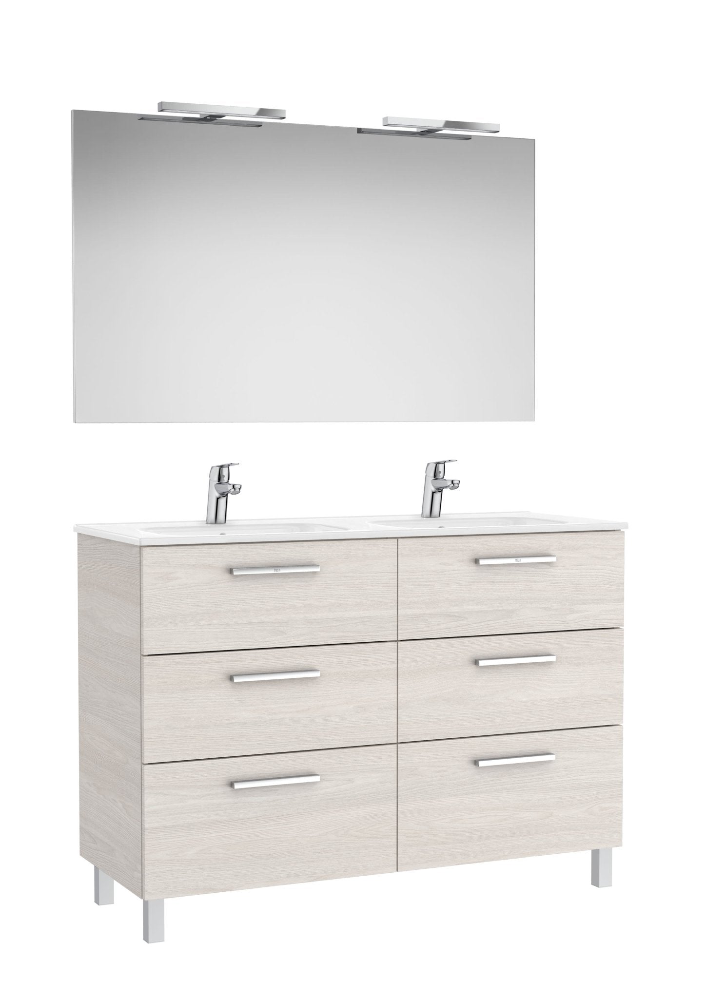 Roca - Victoria Mueble base Pack de seis cajones, lavabo doble, espejo y dos apliques LED Starlight - BricoandPool