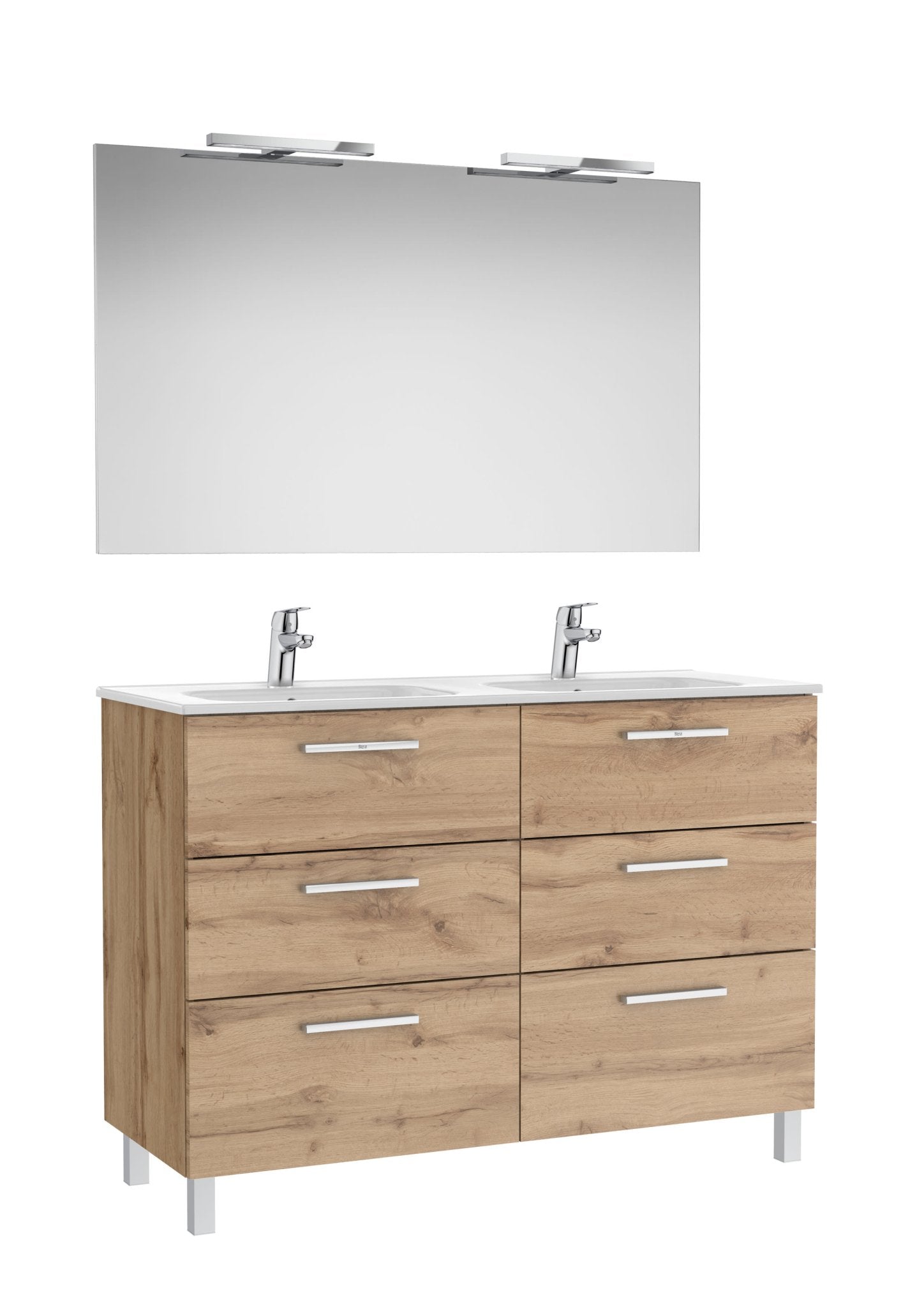 Roca - Victoria Mueble base Pack de seis cajones, lavabo doble, espejo y dos apliques LED Starlight - BricoandPool