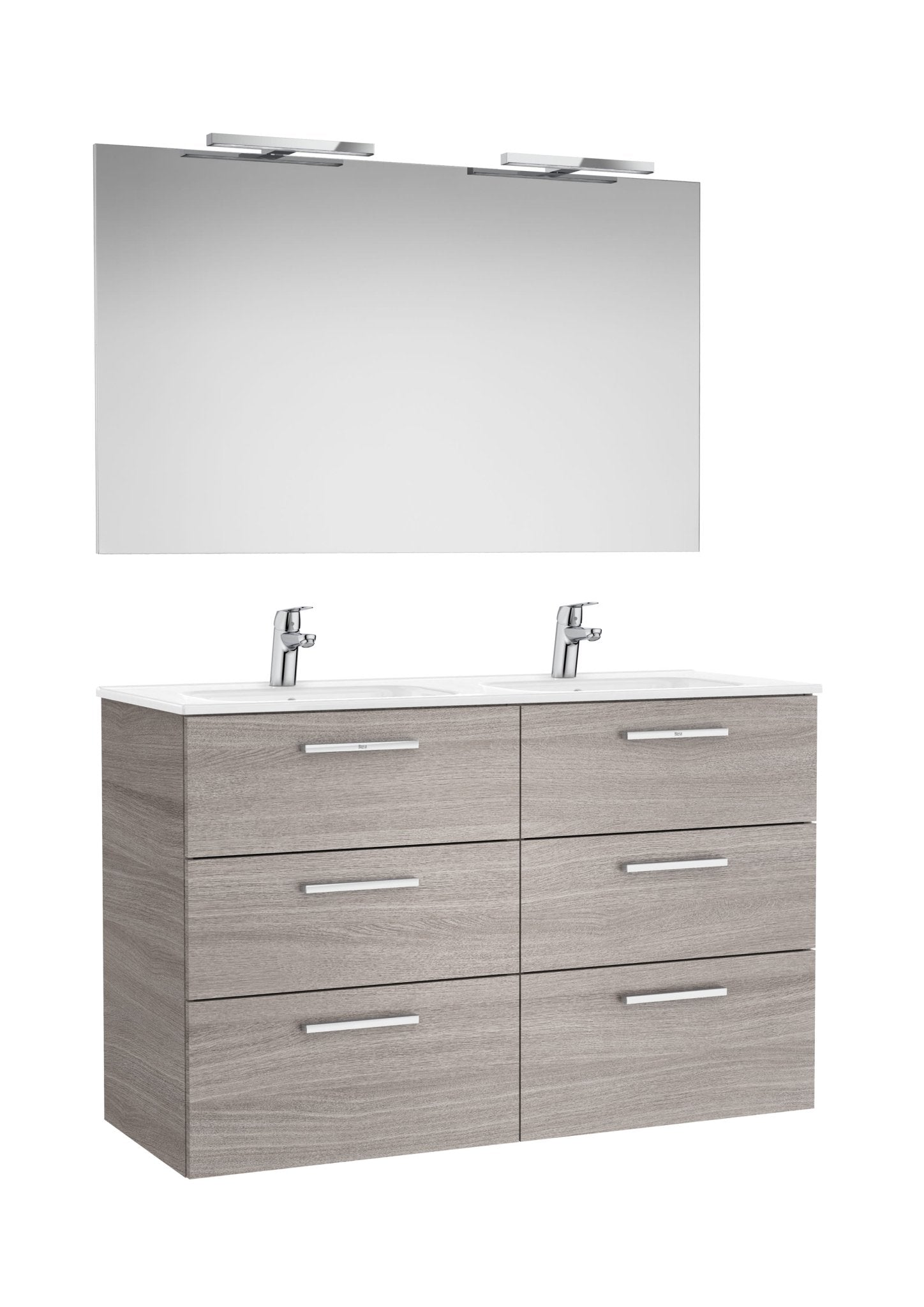 Roca - Victoria Mueble base Pack de seis cajones, lavabo doble, espejo y dos apliques LED Starlight - BricoandPool