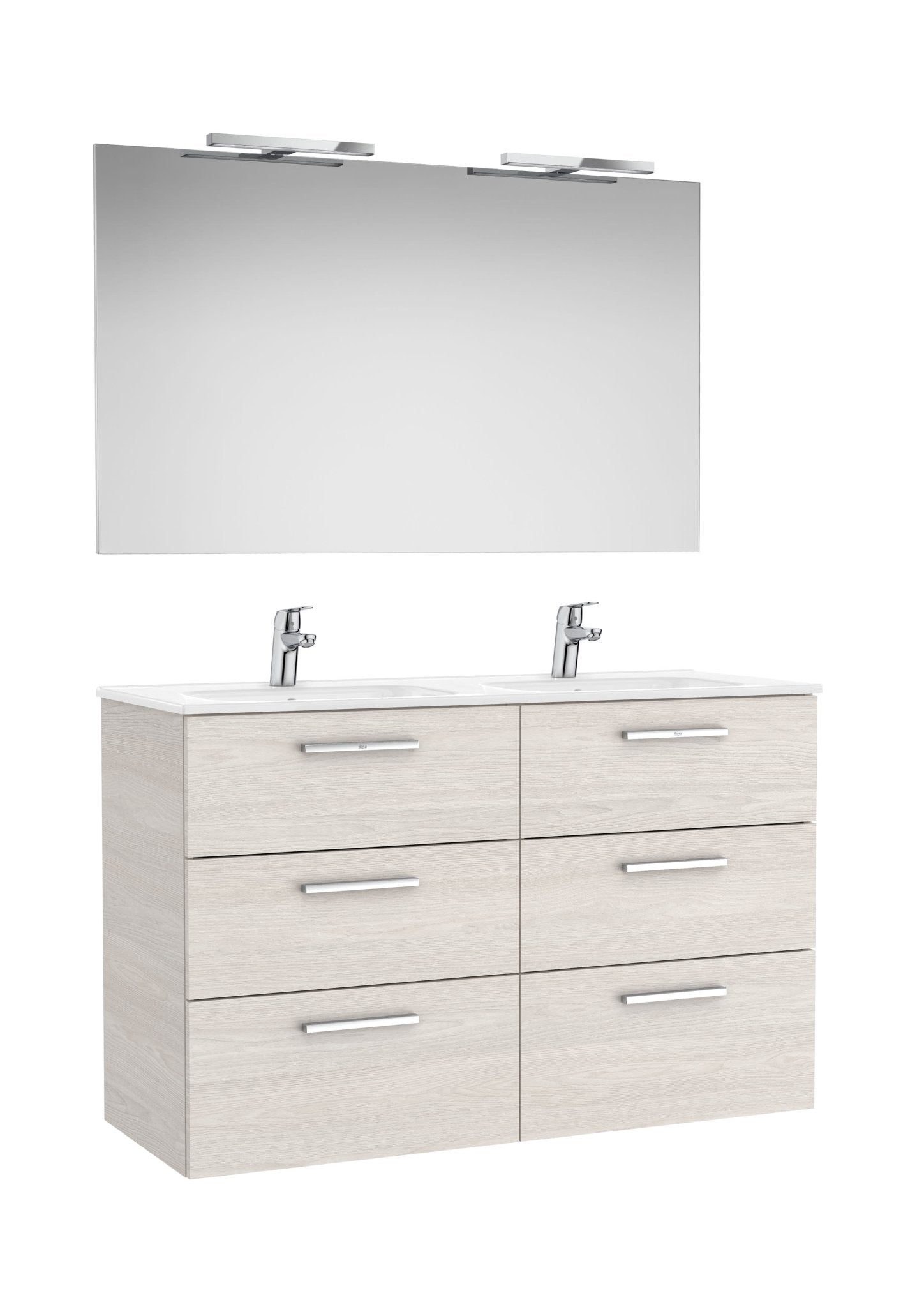 Roca - Victoria Mueble base Pack de seis cajones, lavabo doble, espejo y dos apliques LED Starlight - BricoandPool