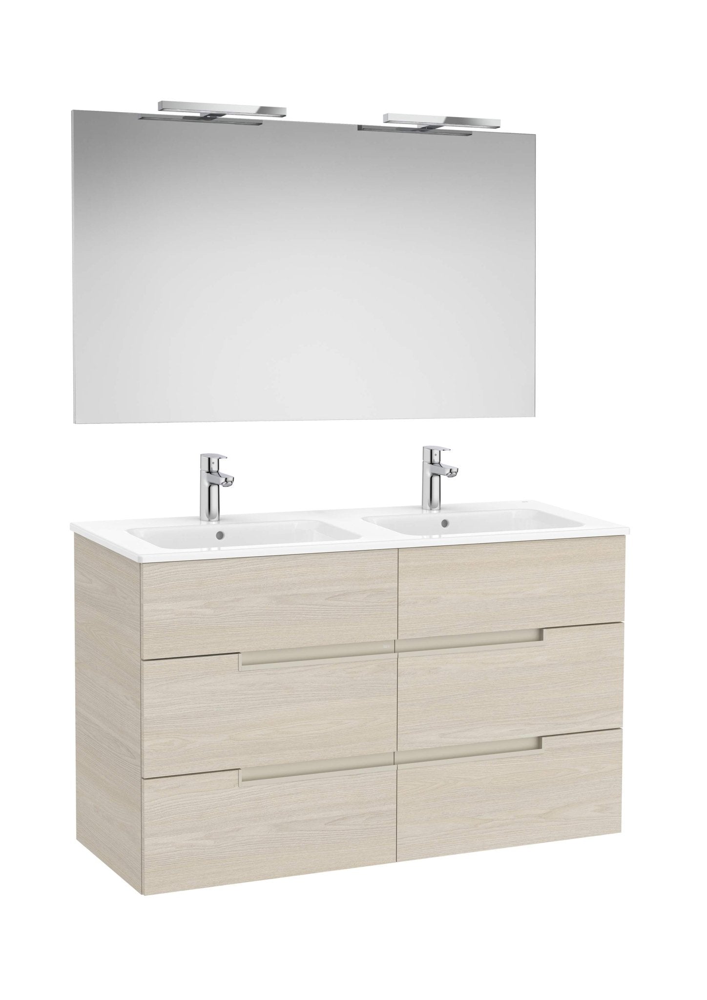 Roca - Victoria - N Mueble base Pack de cuatro cajones, lavabo doble, espejo y aplique LED Starlight - BricoandPool