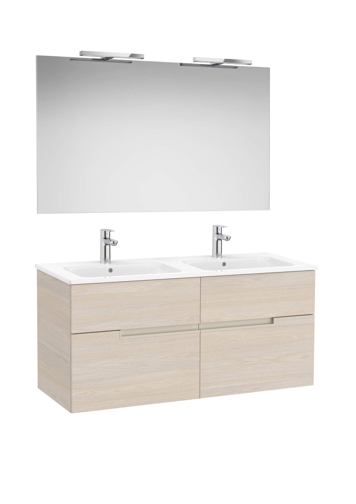 Roca - Victoria - N Mueble base Pack de cuatro cajones, lavabo doble, espejo y aplique LED Starlight - BricoandPool