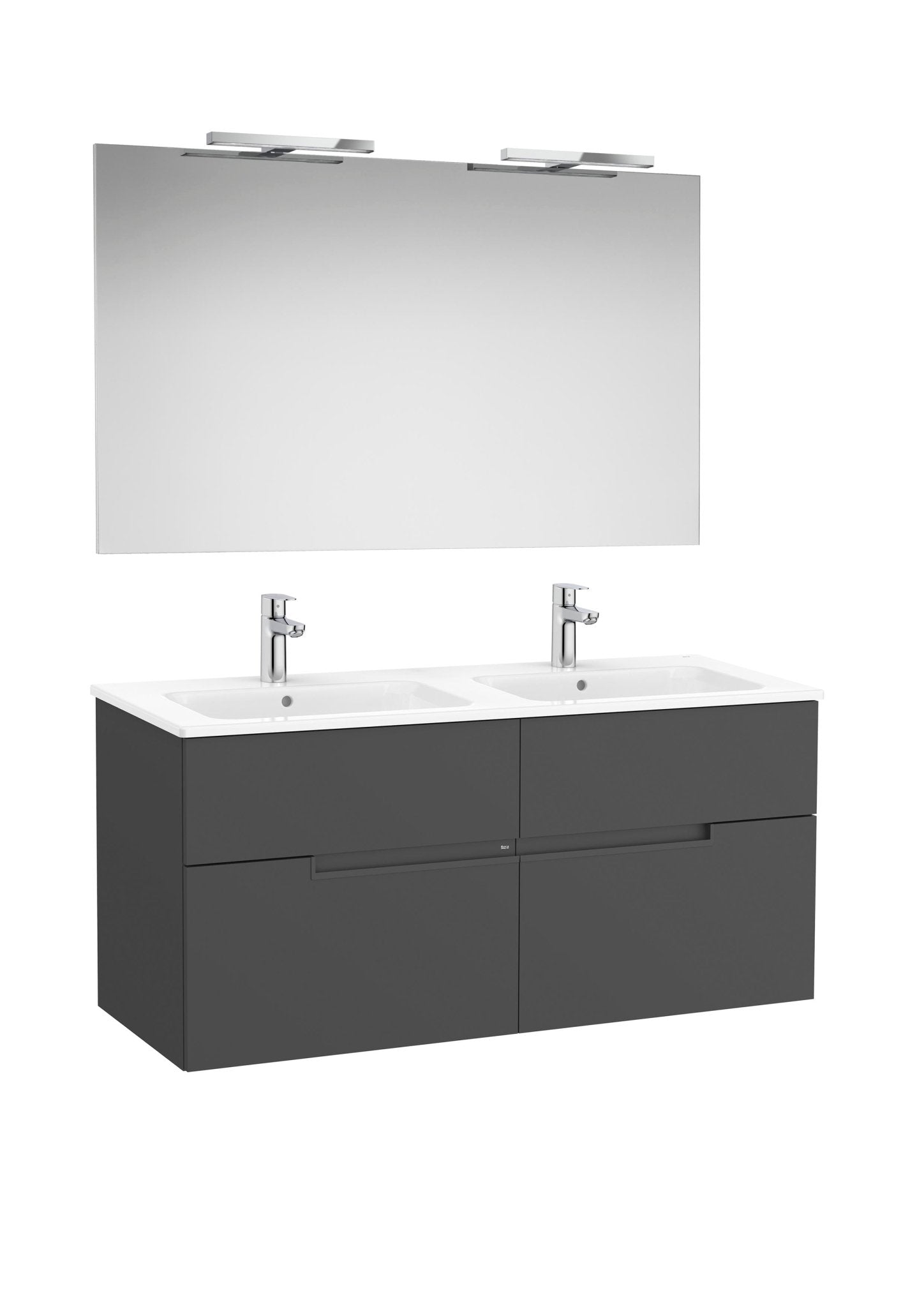 Roca - Victoria - N Mueble base Pack de cuatro cajones, lavabo doble, espejo y aplique LED Starlight - BricoandPool