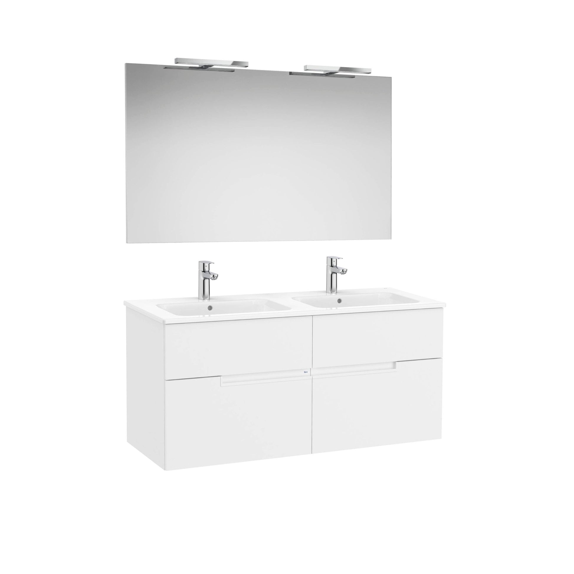 Roca - Victoria - N Mueble base Pack de cuatro cajones, lavabo doble, espejo y aplique LED Starlight - BricoandPool