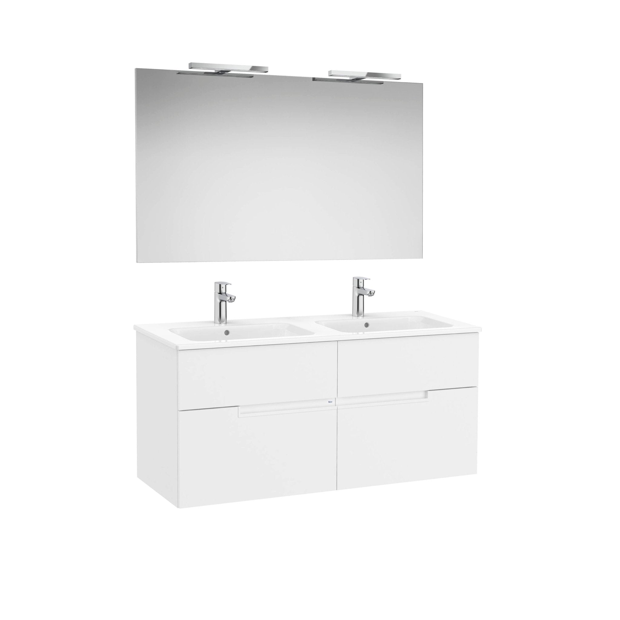 Roca - Victoria - N Mueble base Pack de cuatro cajones, lavabo doble, espejo y aplique LED Starlight - BricoandPool