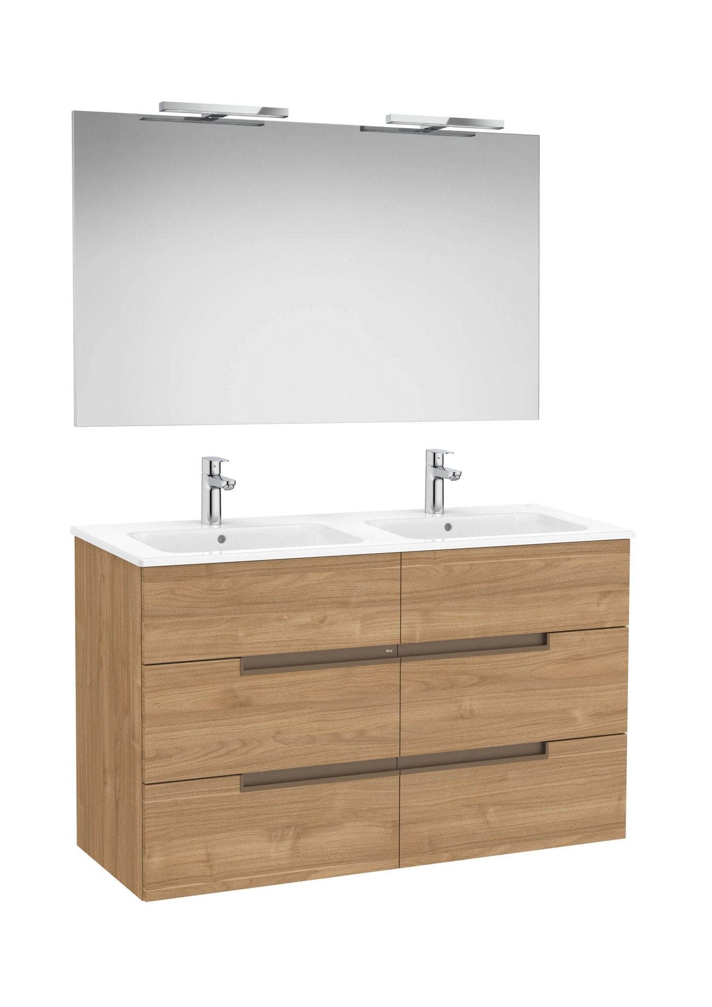 Roca - Victoria - N Mueble base Pack de cuatro cajones, lavabo doble, espejo y aplique LED Starlight - BricoandPool