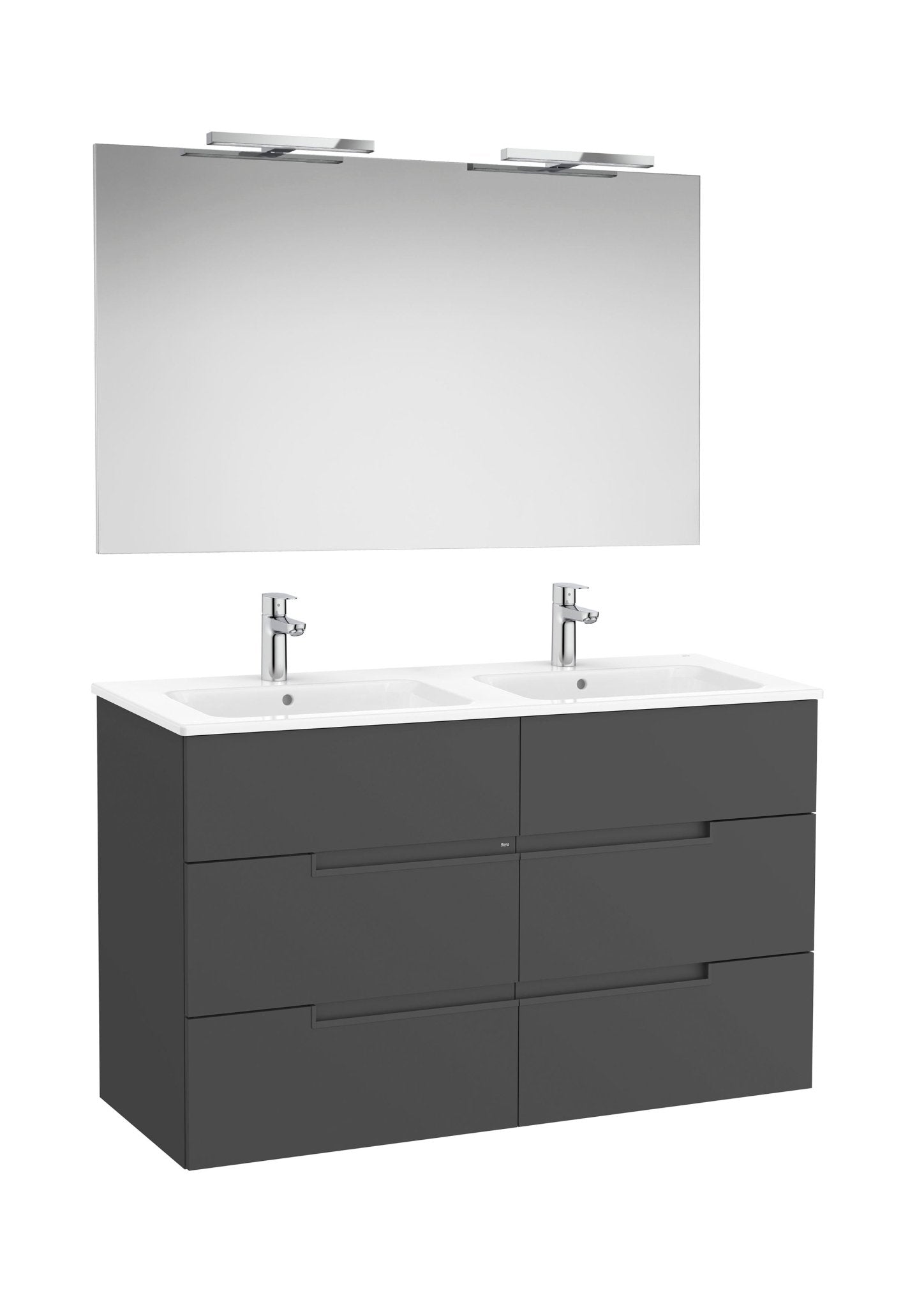 Roca - Victoria - N Mueble base Pack de cuatro cajones, lavabo doble, espejo y aplique LED Starlight - BricoandPool