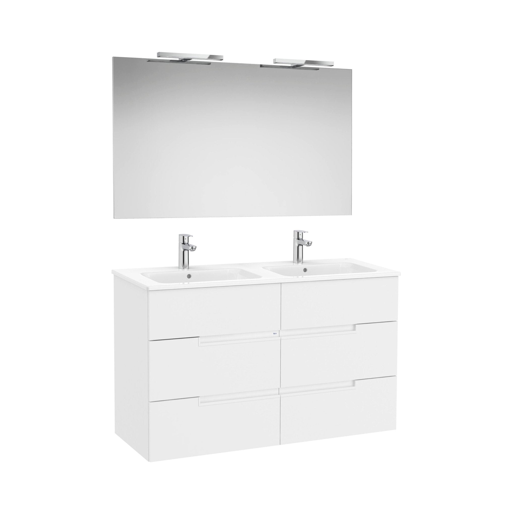 Roca - Victoria - N Mueble base Pack de cuatro cajones, lavabo doble, espejo y aplique LED Starlight - BricoandPool