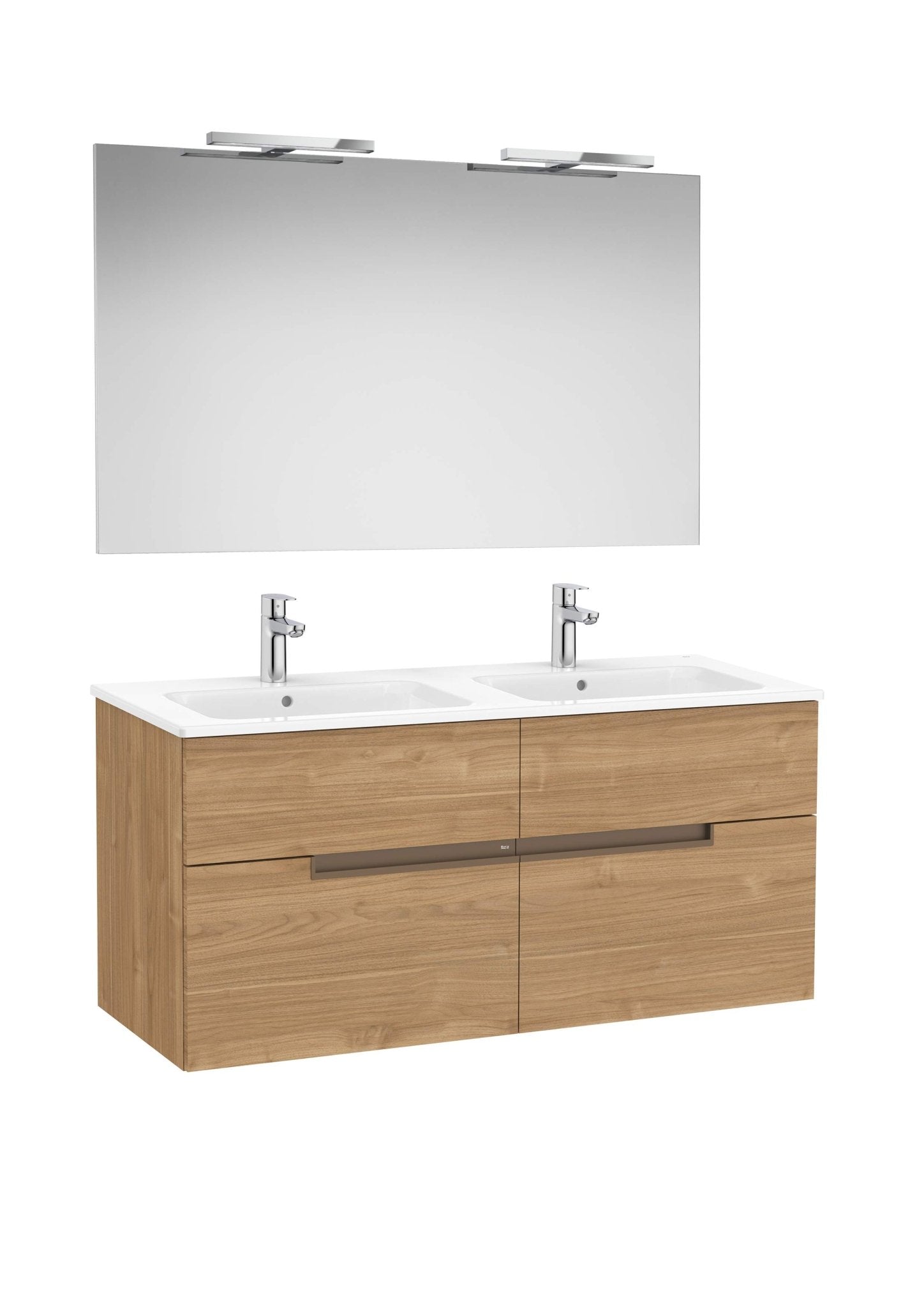 Roca - Victoria - N Mueble base Pack de cuatro cajones, lavabo doble, espejo y aplique LED Starlight - BricoandPool