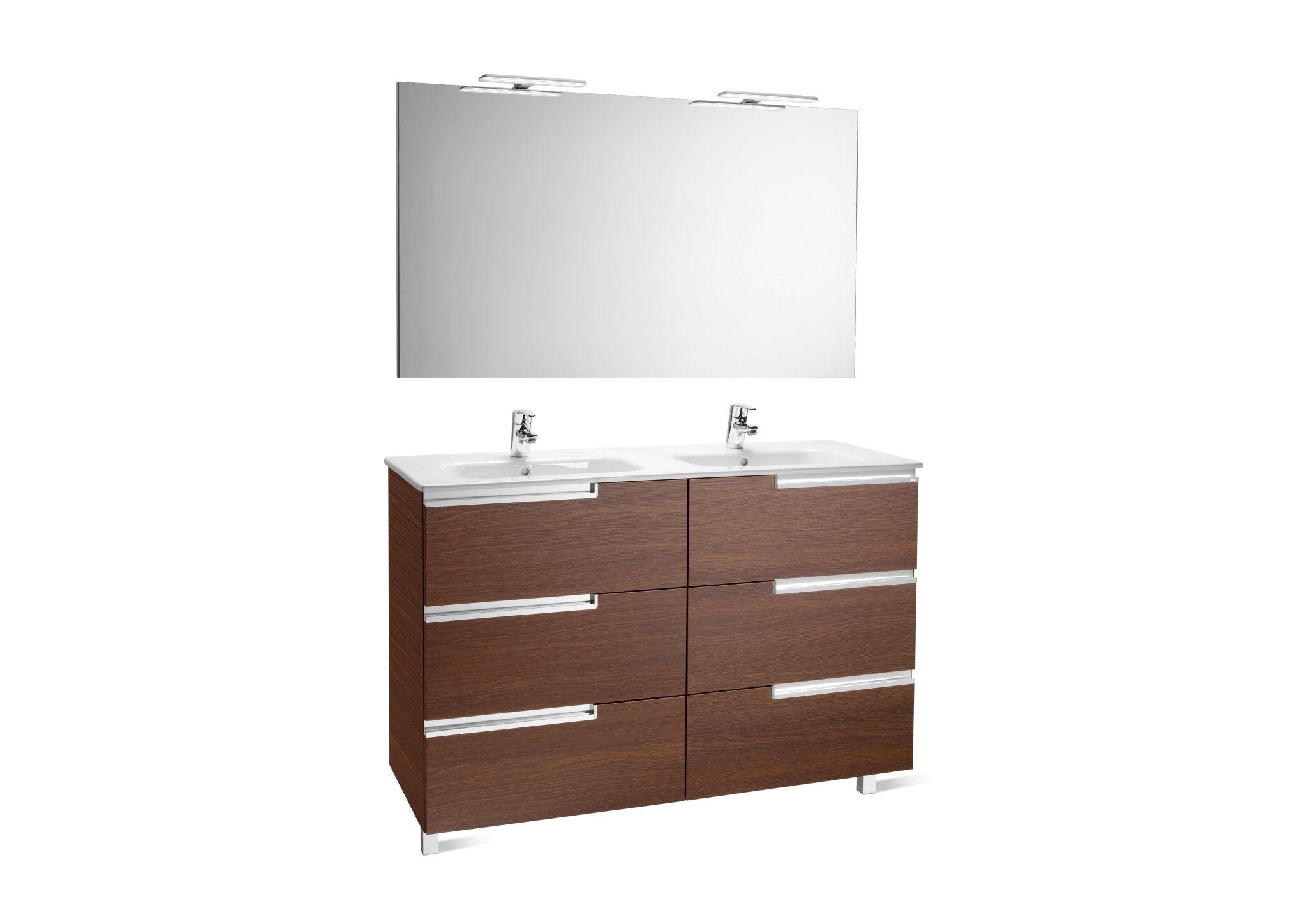 Roca - Victoria - N Mueble base Pack Family de cuatro cajones, lavabo doble, espejo y dos apliques LED Starlight - BricoandPool