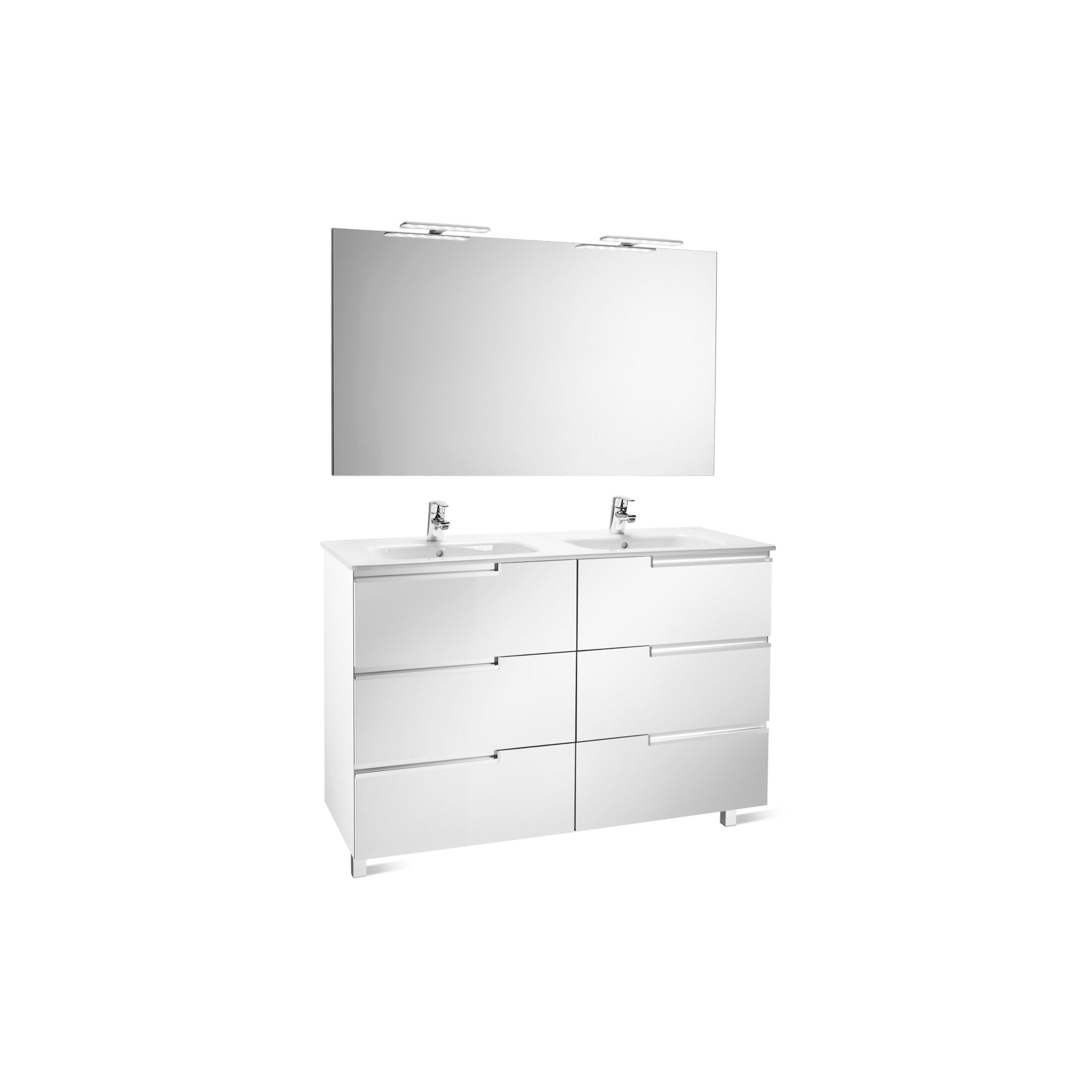 Roca - Victoria - N Mueble base Pack Family de cuatro cajones, lavabo doble, espejo y dos apliques LED Starlight - BricoandPool