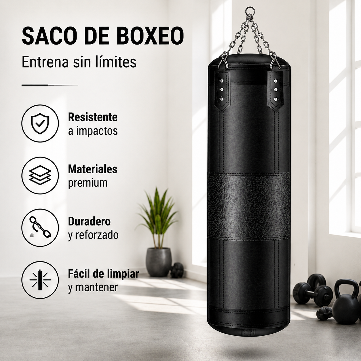 Saco De Boxeo PU 120 Por 40 Cm Cadena Reforzada
