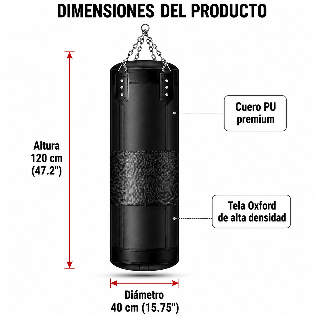 Saco De Boxeo PU 120 Por 40 Cm Cadena Reforzada